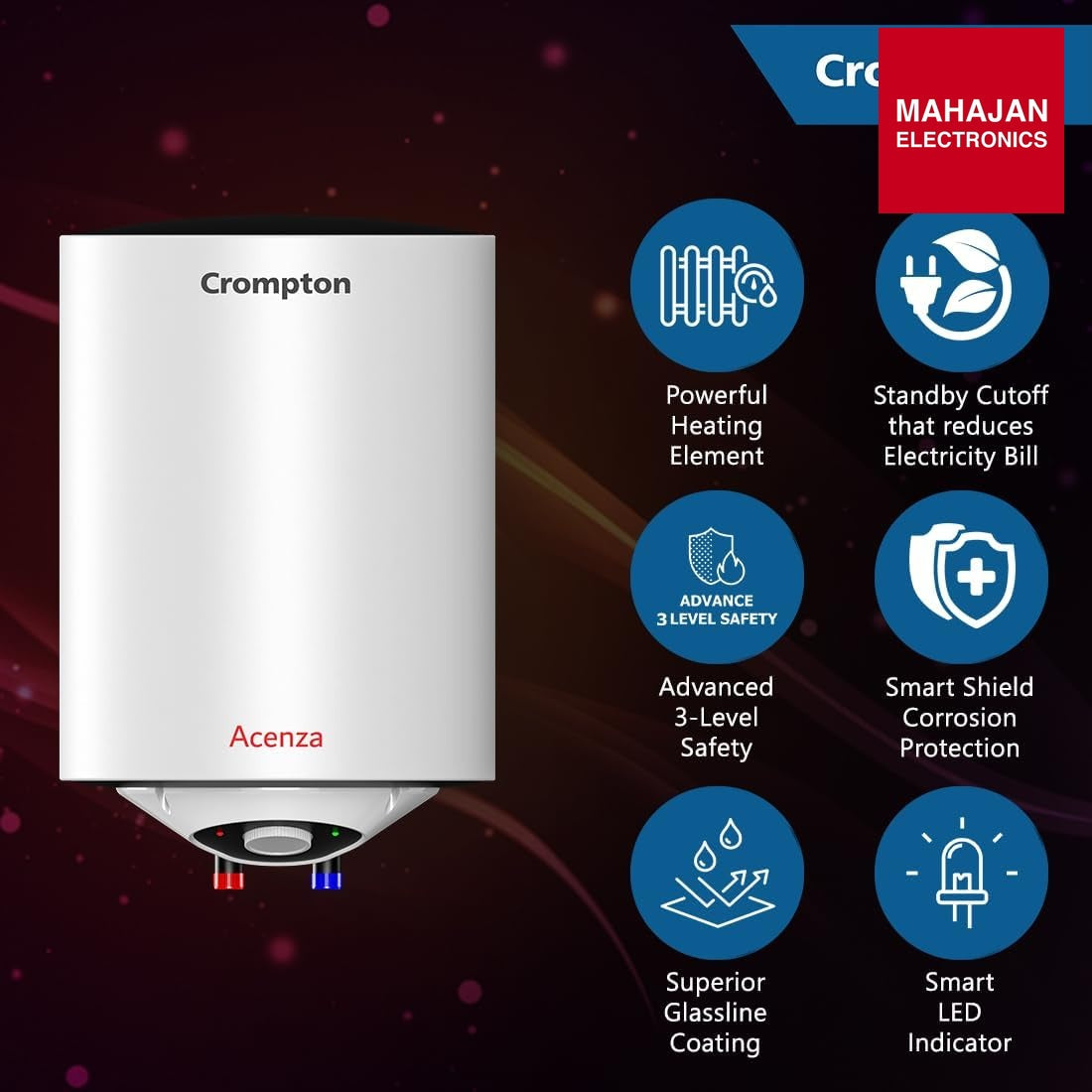 Crompton Acenza Plus 15L Storage Water Heater (Geyser), ASWH-6115 | 5 Star BEE Rated | Superior Glassline – Mahajan Electronics Online.