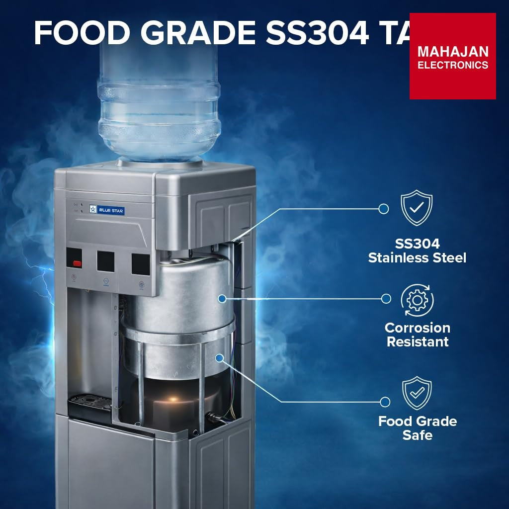 Blue Star BWD3FMRGA-G Water Dispenser with Refrigerator | Hot, Cold & Normal Water | 15L Cooling Cabinet | Floor Standing Water Cooler | Grey – Mahajan Electronics Online.