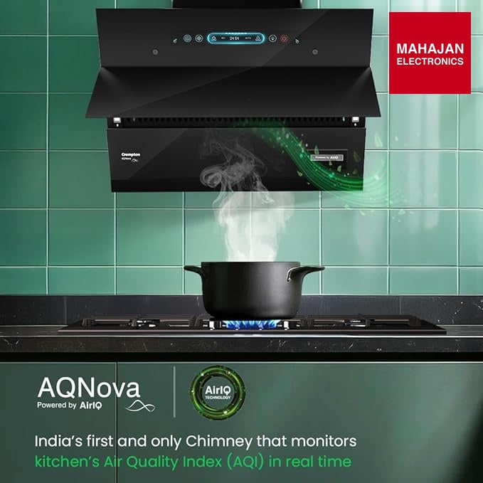 Crompton CHD-AQI90FLE-IND, Black AQNova BLDC 1800m3/hr 90cm Slant Chimney|AirIQ technology|Adaptive suction – Mahajan Electronics Online.