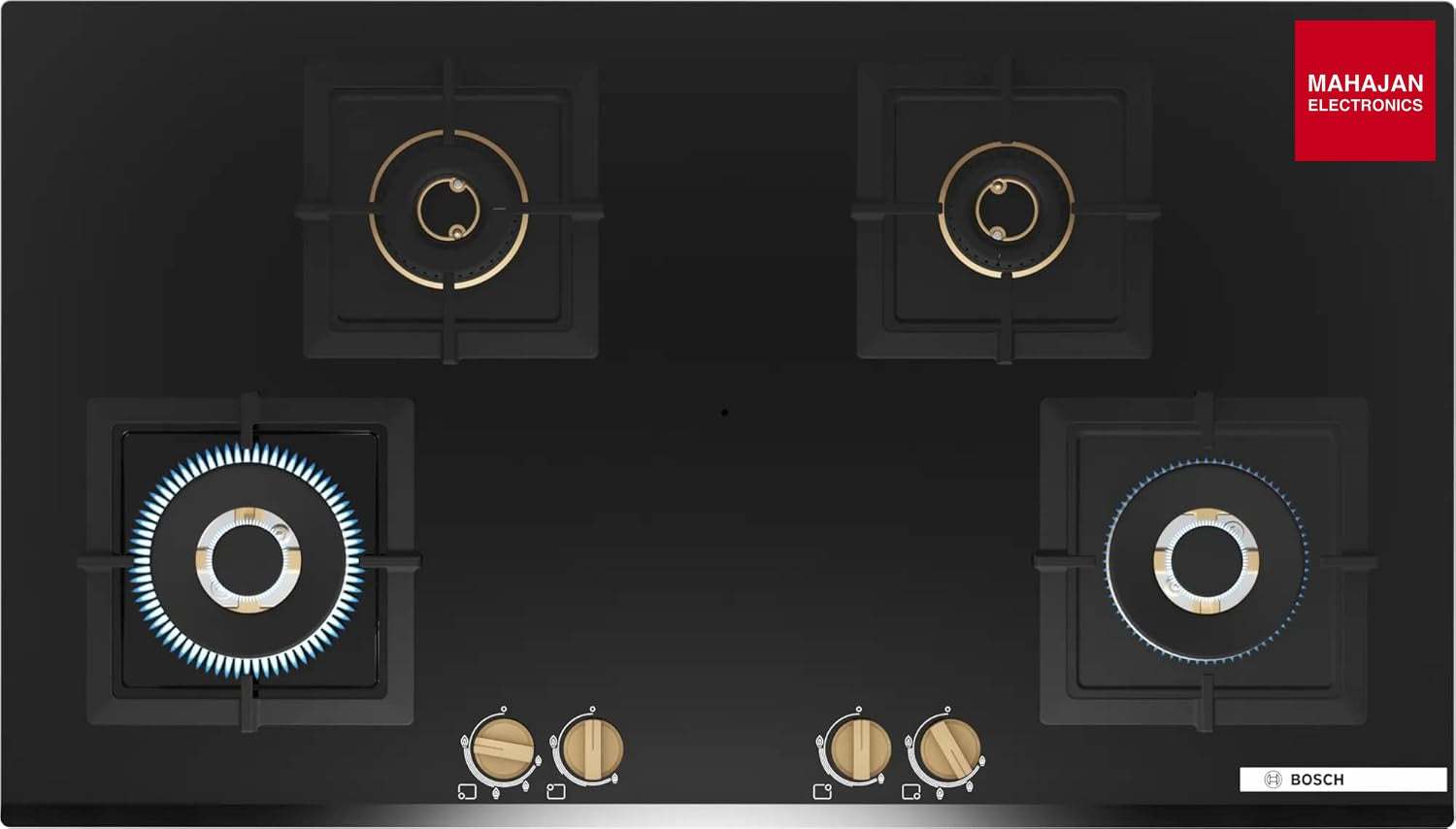 Bosch PNF9B6G20I Built in Gas Hob Black Tempered glass Glass 4 Burner Auto Ignition 90 cm Full Brass 3D Ring β Mahajan Electronics Online.