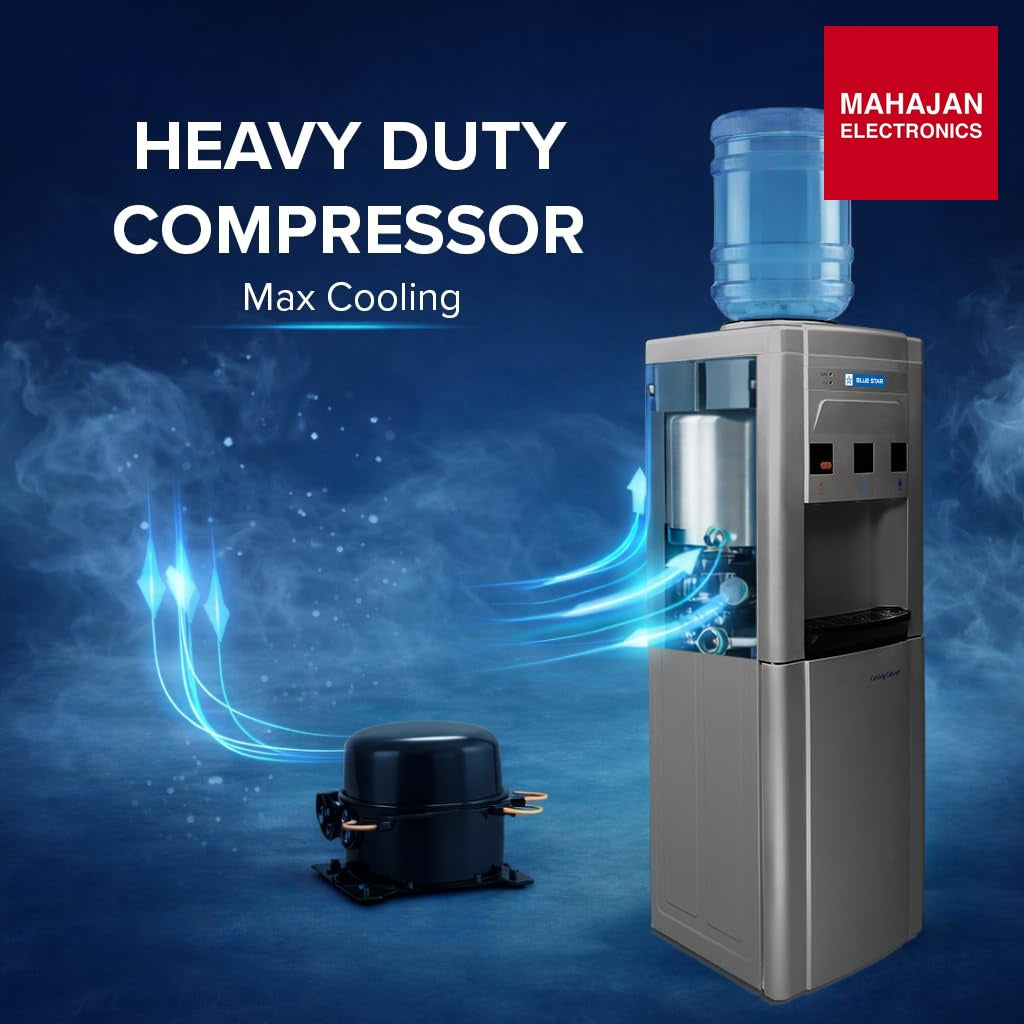 Blue Star BWD3FMRGA-G Water Dispenser with Refrigerator | Hot, Cold & Normal Water | 15L Cooling Cabinet | Floor Standing Water Cooler | Grey – Mahajan Electronics Online.