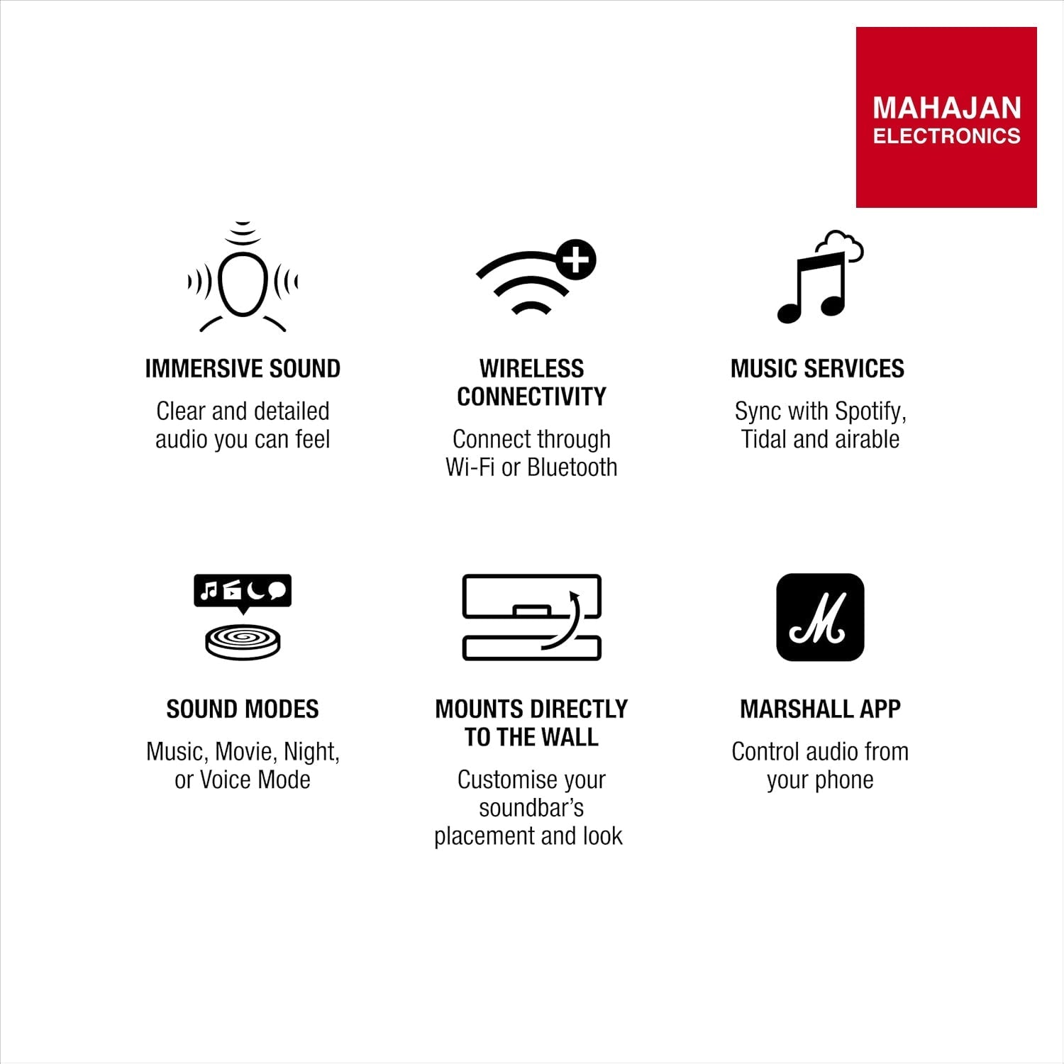 Marshall Heston 60 soundbar with Dolby Atmos & DTS:X, Wired & Wireless Subwoofer Connectivity – Dual HDMI – Mahajan Electronics Online.