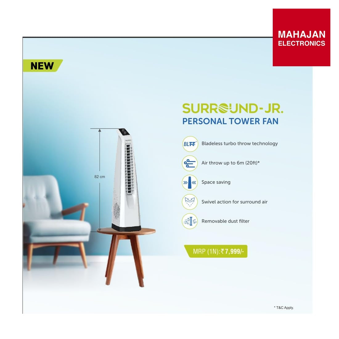 Symphony Surround JR Bladeless Tower Fan for Room | Quiet Personal Fan for Home & Office with 90Β° Oscillation β Mahajan Electronics Online.