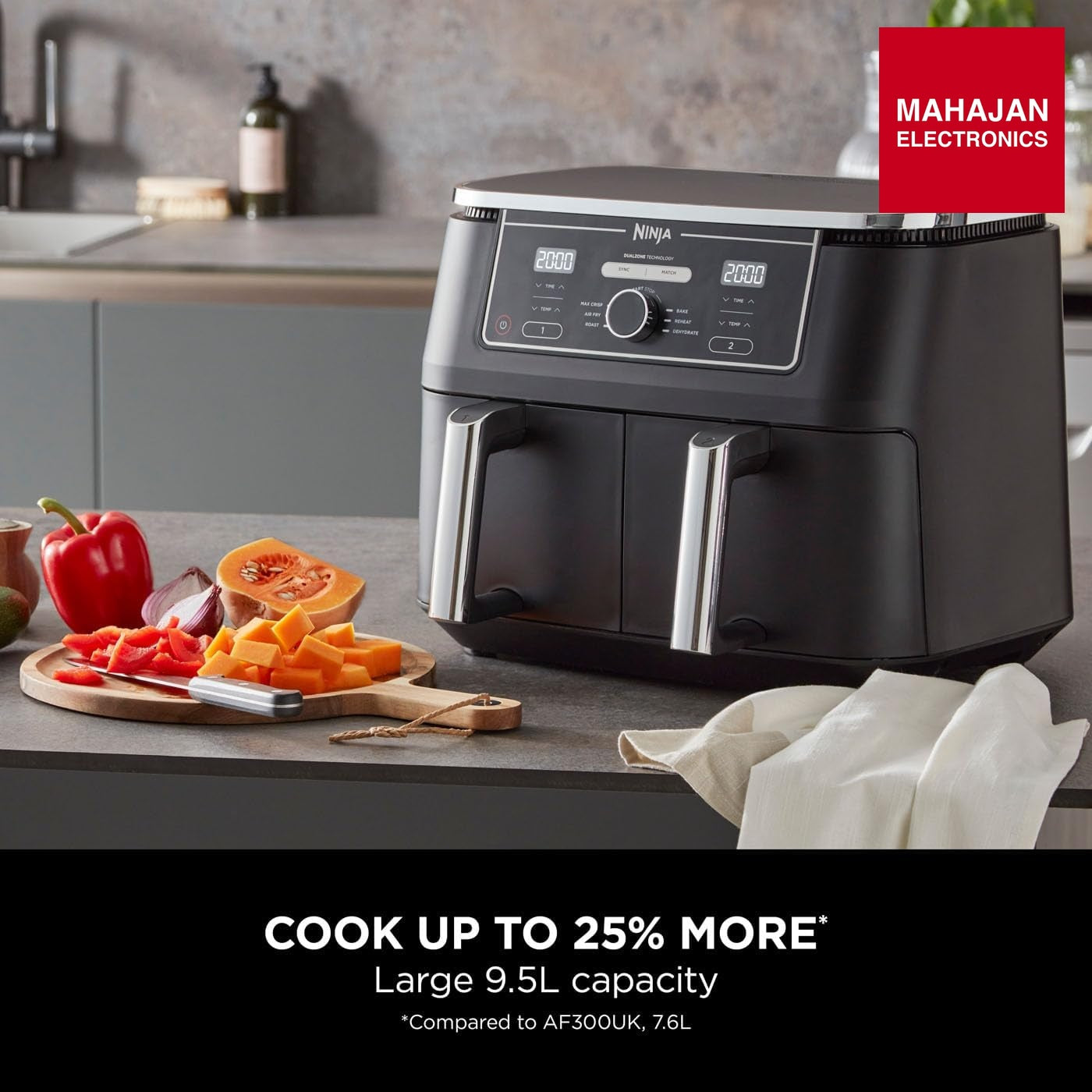 Ninja AF400 Foodi MAX Dual Zone Digital AirFryer, 2 Drawers, 9.5L, 6-in-1, Uses No Oil, Air Fry, Max Crisp – Mahajan Electronics Online.