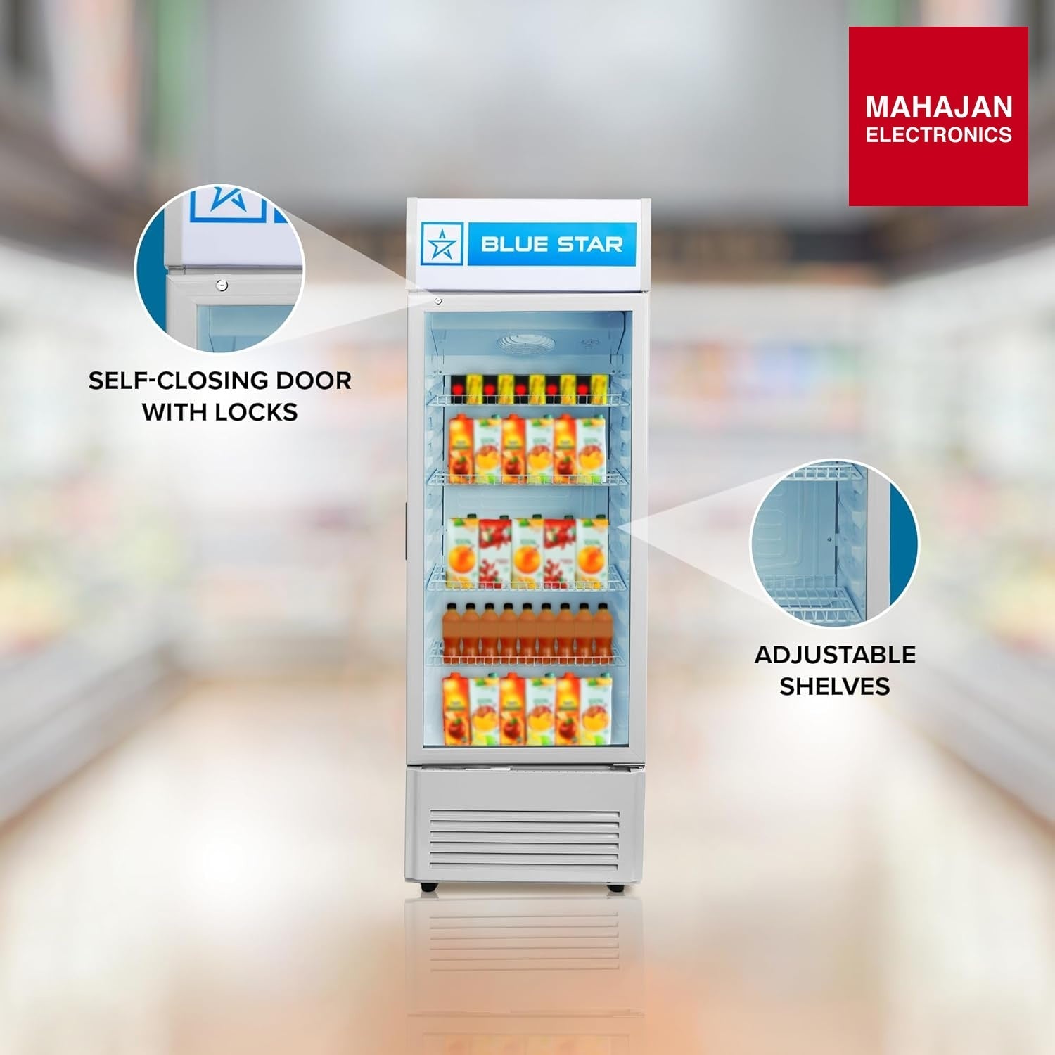 Blue Star VC325D Frost Free Vertical Glass Single Door Visi Cooler (300L, white) โ Mahajan Electronics Online.