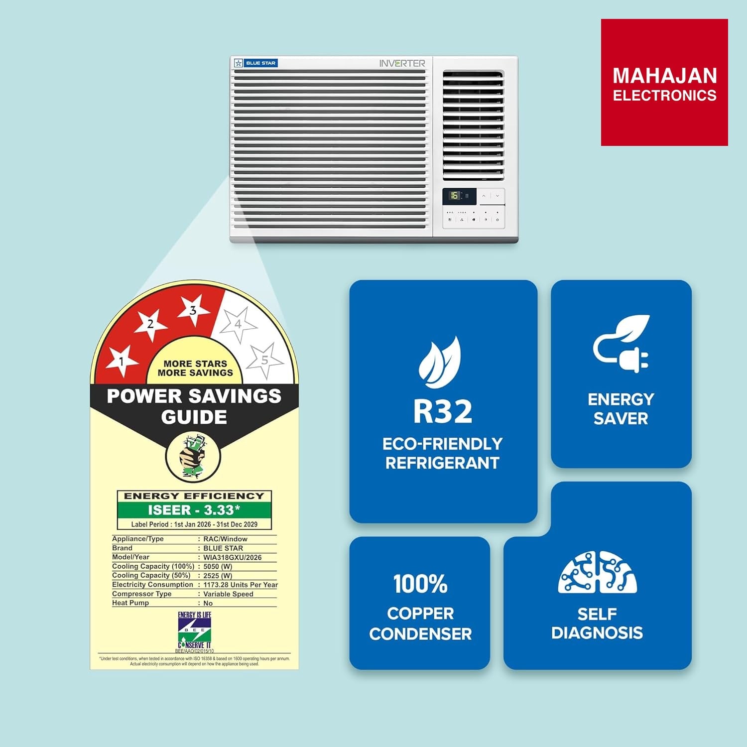 Blue Star WIA318GXU 1.5 Ton 3 Star Inverter Window AC | Copper Condenser, Turbo Cool, Anti-Bacterial Filter โ Mahajan Electronics Online.