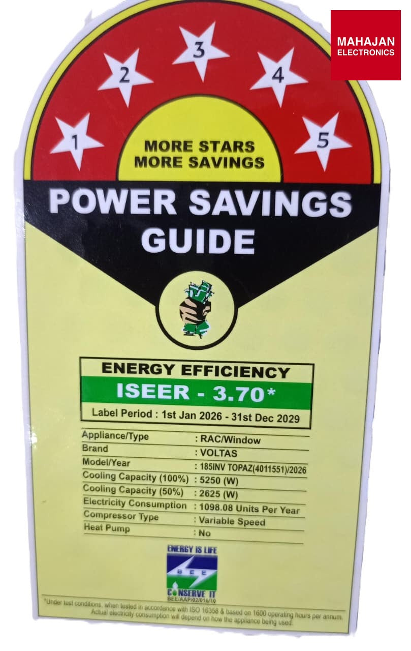 Voltas 185Inv Topaz 1.5 Ton 5 Star (2026) Inverter Window AC – Copper Condenser, R32 Refrigerant, High – Mahajan Electronics Online.