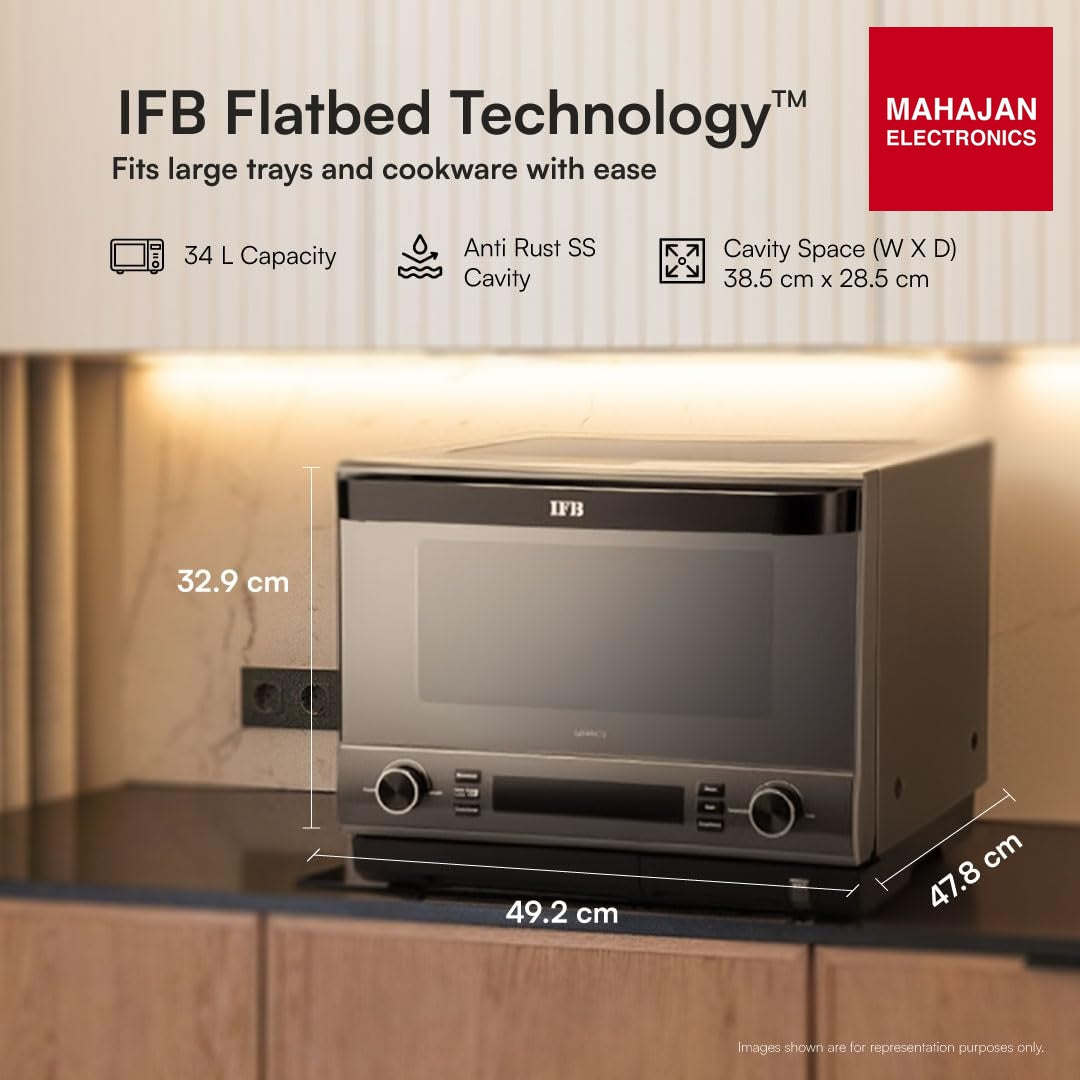 IFB 34FBBSC2 34L, 1000 W, FlatBed with Inverter Technology, 63 Autocook menus, PowerSteam, 6 Power levels, SelfClean, Steralise mode, LCD Display, Convection & Grill Microwave Oven (34FBBSC2, Metallic Grey) mahajan electronics onilne