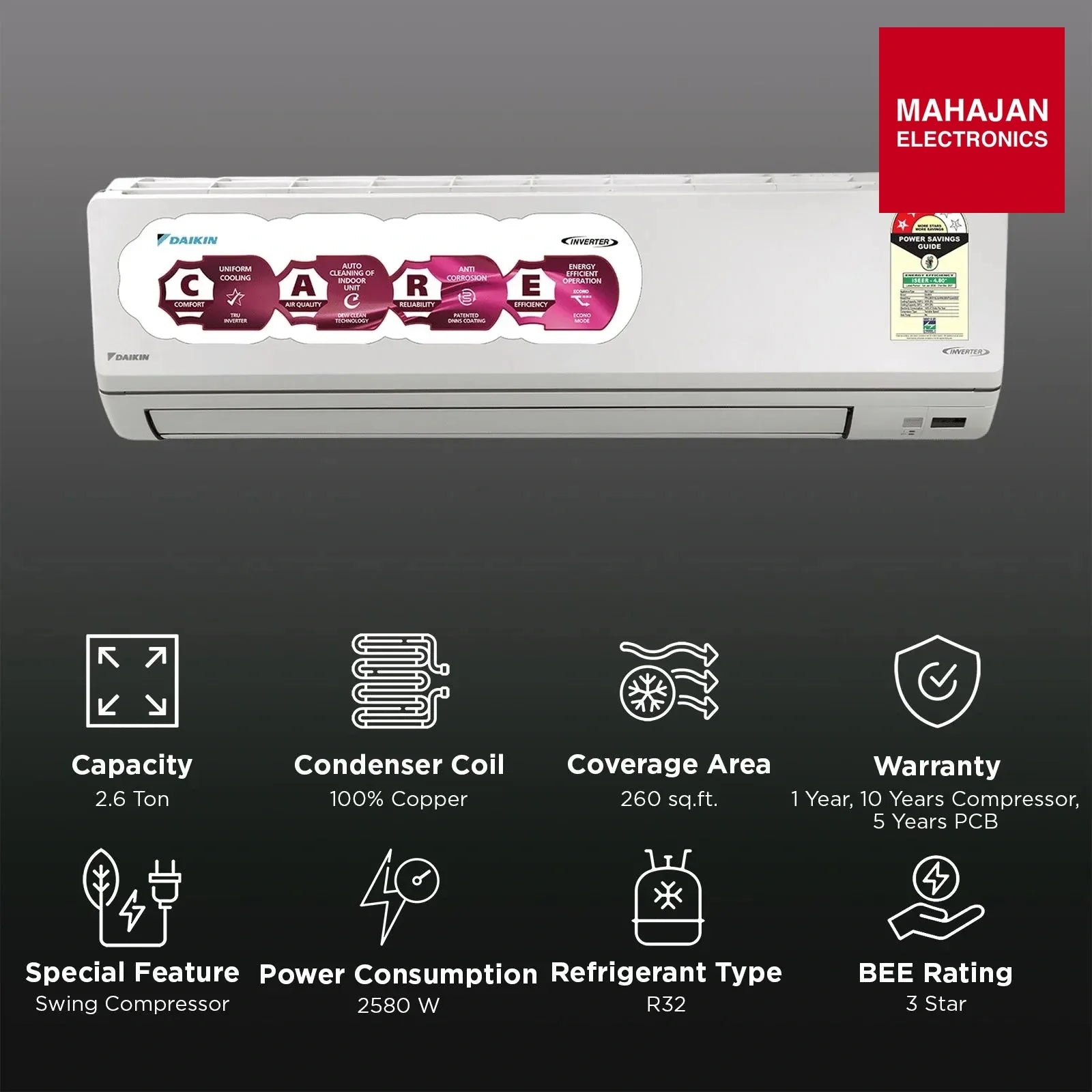 Daikin FTKL90XV16LAA 2.6 Ton 4 (2026) Star Inverter Split AC with PM 2.5 Filter, 16m Air Throw, Swing – Mahajan Electronics Online.