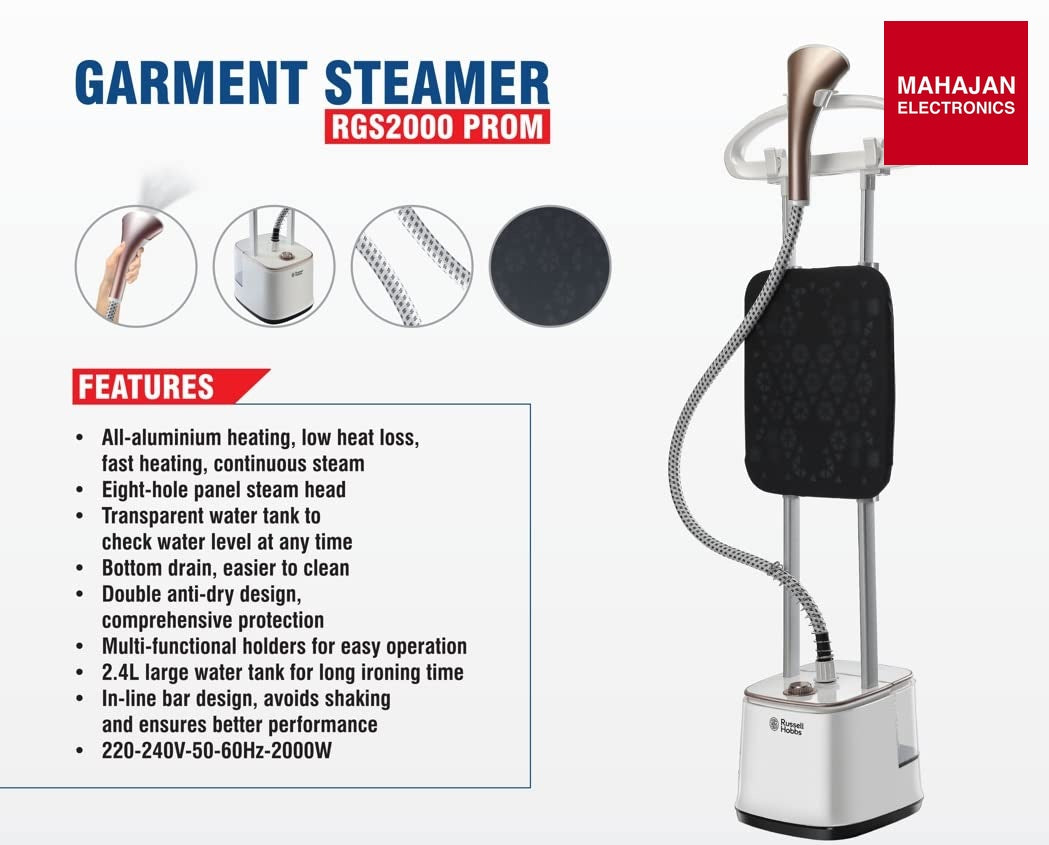Russell Hobbs RGS 2000-Pro M Professional Garment Steamer | 2000W Power | 10 Steam Levels | 2.4L Detachable – Mahajan Electronics Online.