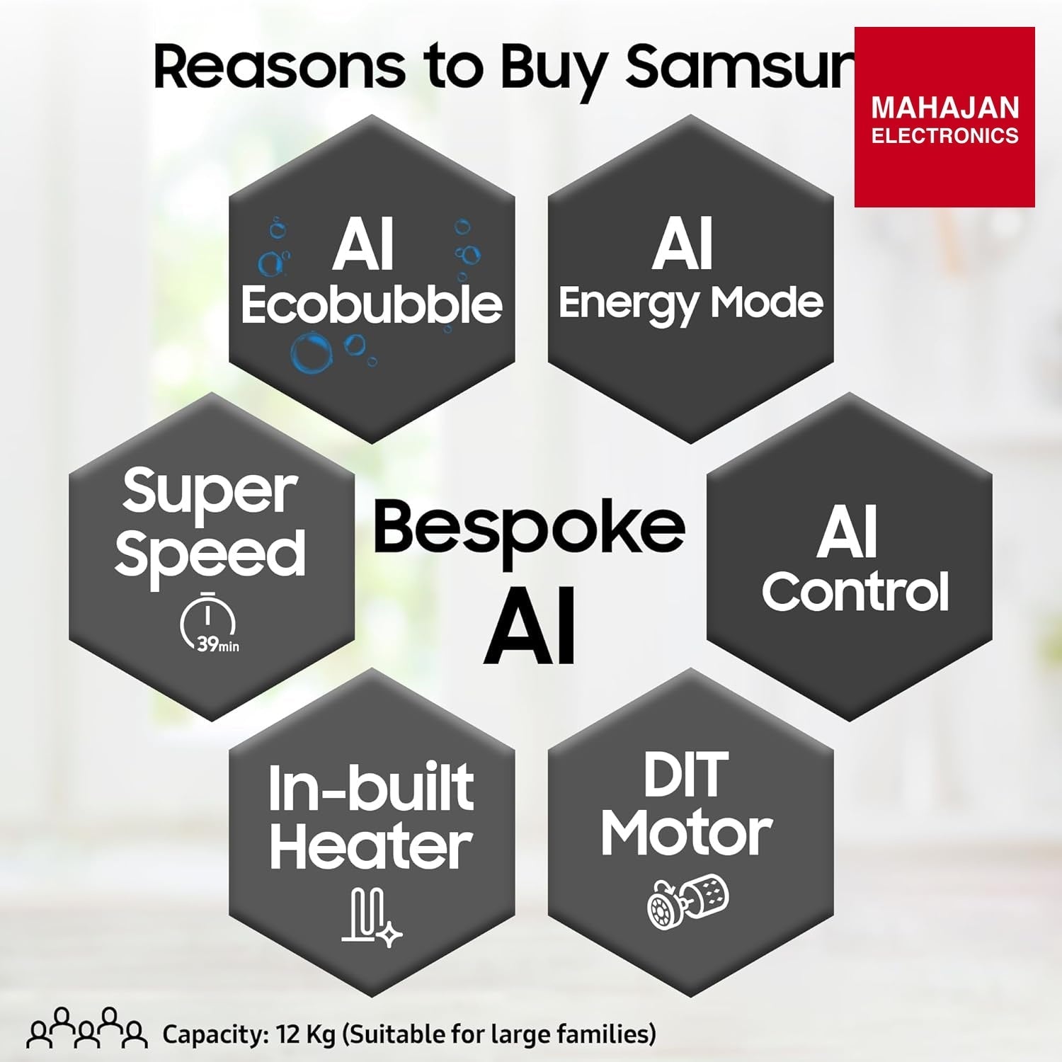 Samsung WW12DB8B54GSTL 12 kg, 5 Star, AI Control, Super Speed, Wi-Fi, Hygiene Steam with Inbuilt Heater – Mahajan Electronics Online.