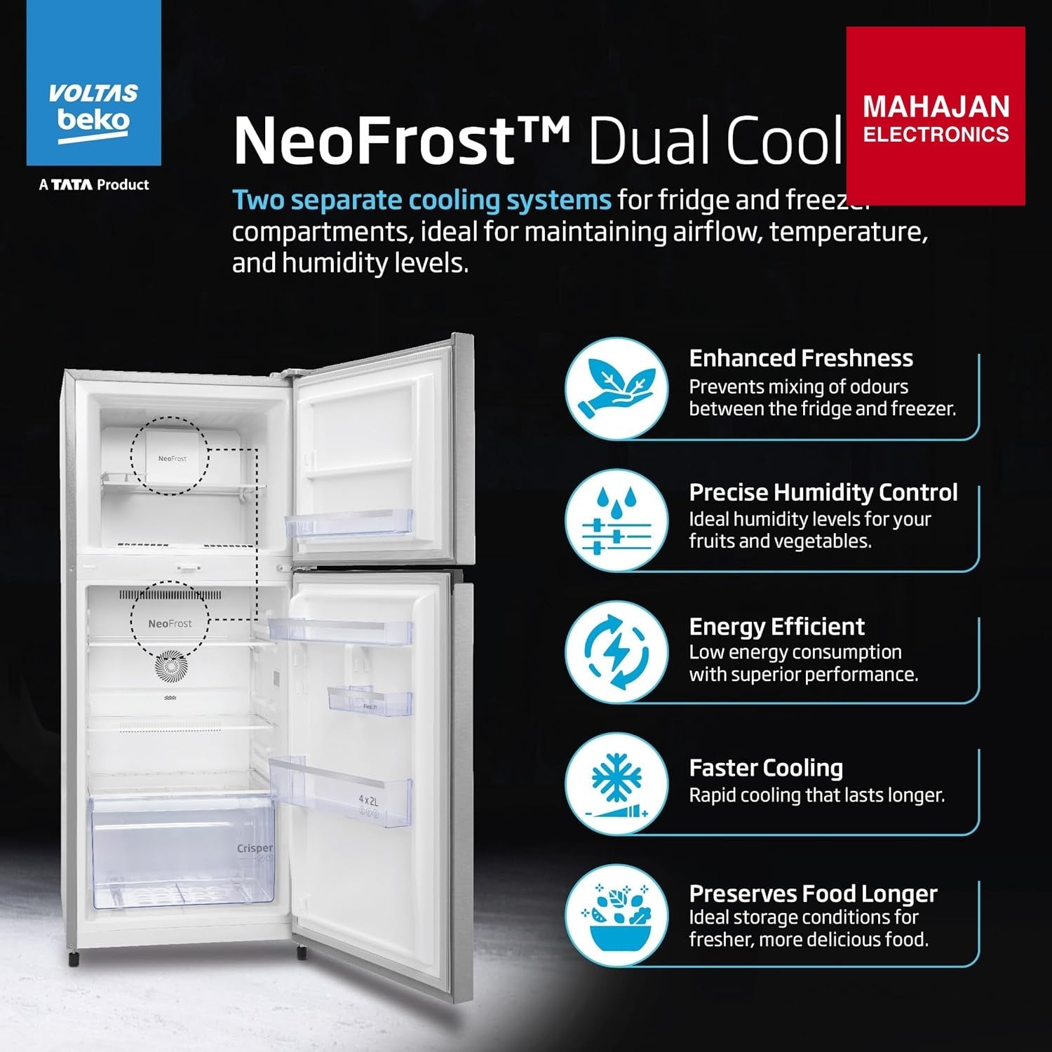 Voltas Beko RFF334D /1WPV100RXBD 283L 1 Star Frost Free Double Door Refrigerator | Wooden Black | ProSmart Inverter Compressor Voltas Beko