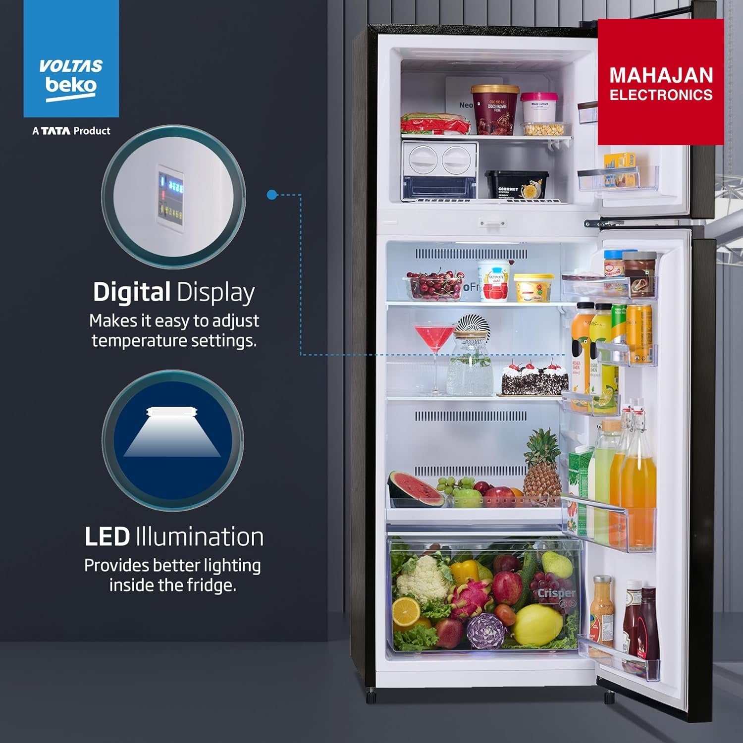 Voltas Beko RFF334D /1WPV100RXBD 283L 1 Star Frost Free Double Door Refrigerator | Wooden Black | ProSmart Inverter Compressor Voltas Beko