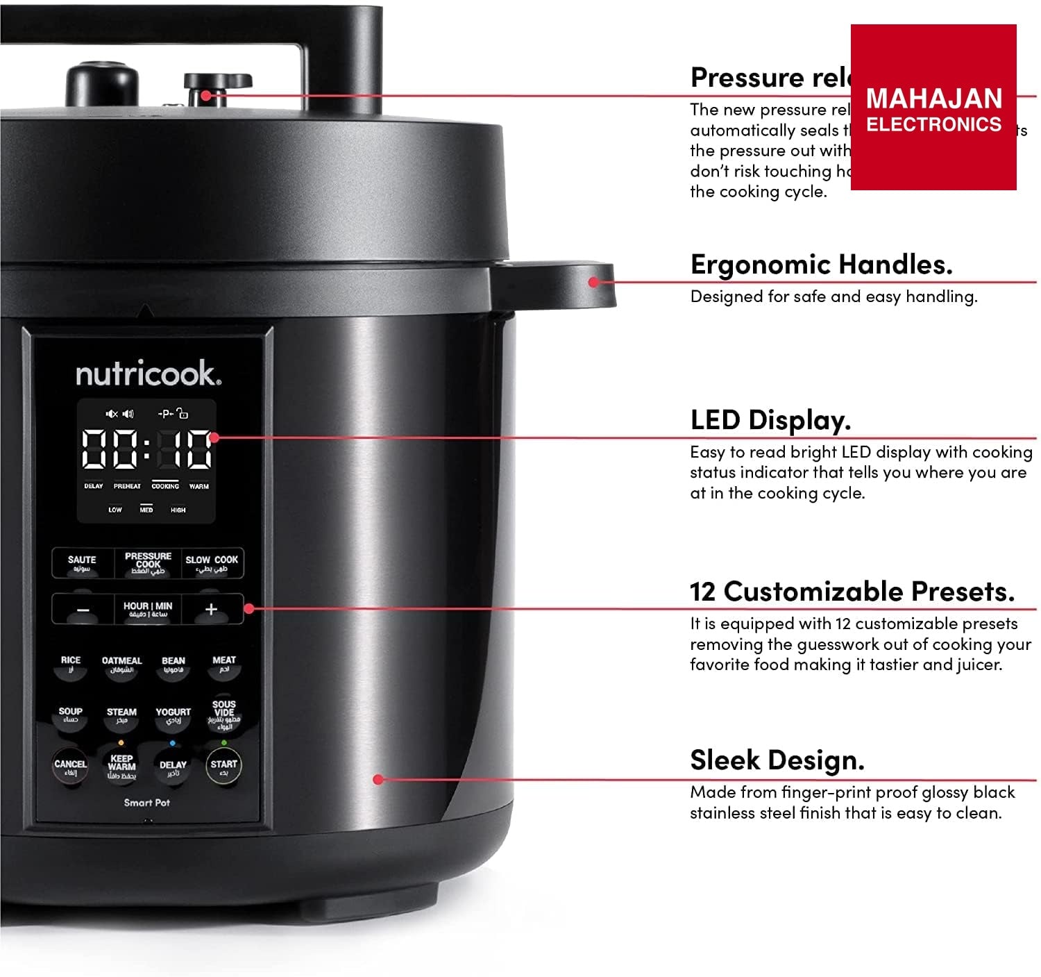Nutricook SP204K Stainless Steel Smart Pot 2 (6 QT | 6 Litre), 1000W, 9 In 1 Instant Programmable Electric β Mahajan Electronics Online.