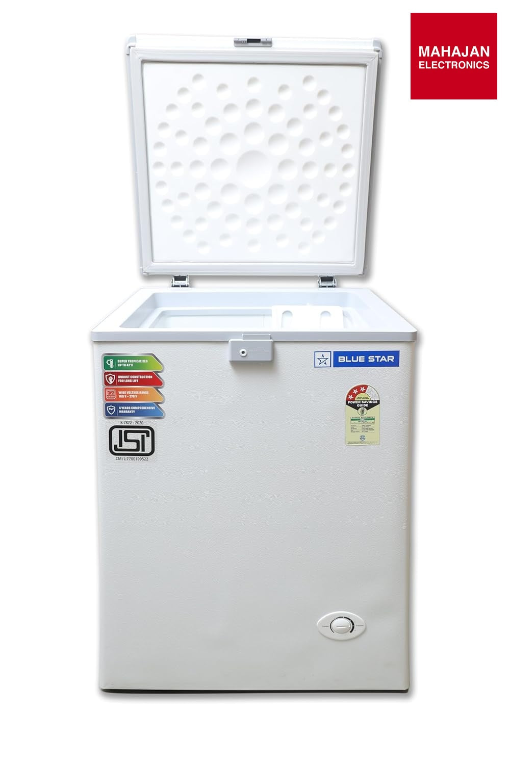 Blue Star CF3-130NPYW-RDEYN 130 Litre Chest Freezer (White, 3 Star, R600A Refrigerant, Single Door, Manual – Mahajan Electronics Online.