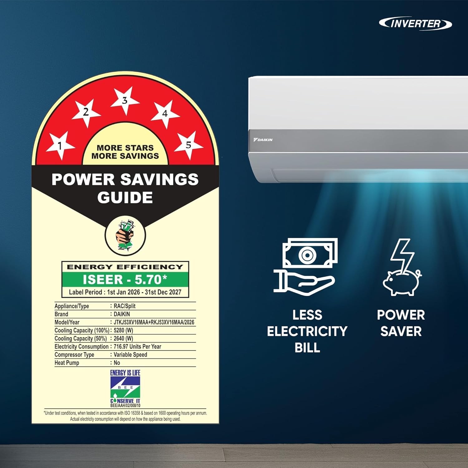 Daikin JTKJ53XV16 1.5 Ton 5 Star Inverter Split AC | Streamer Discharge | Copper Condenser | Neo Swing Compressor | R32 Refrigerant-Online Mahajan Electronics