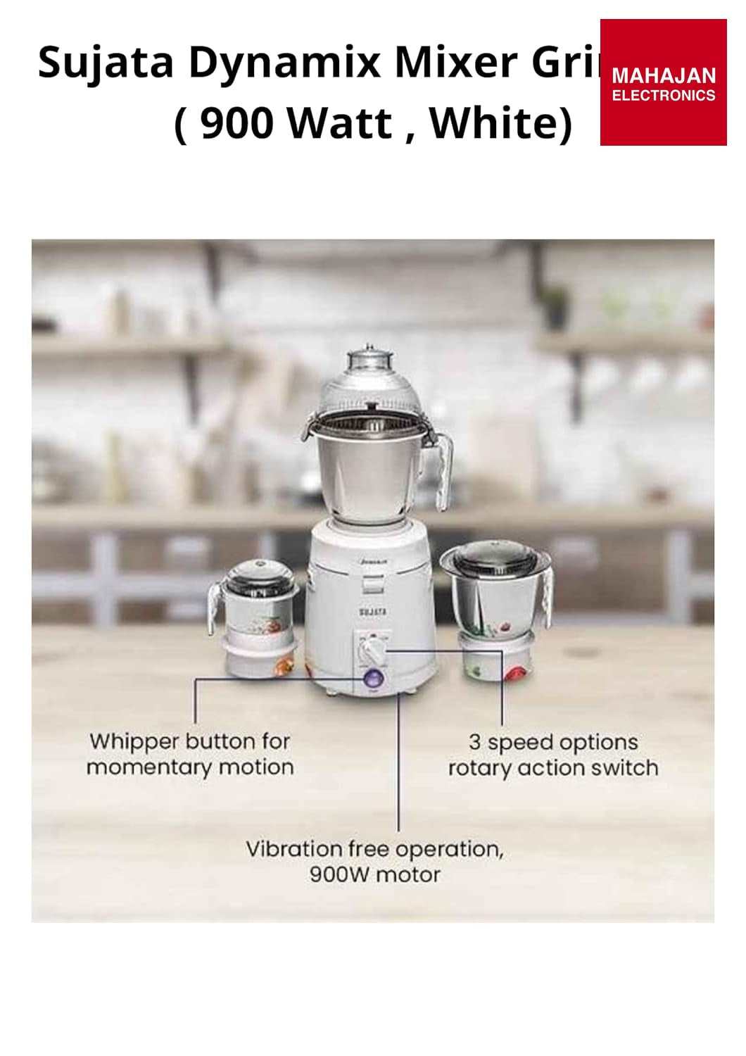 Sujata Dynamix 900-Watt Mixer Grinder | 3 Stainless Steel Jars | 22000 RPM | Wet, Dry & Chutney Grinding | Shock-Proof | White Sujata