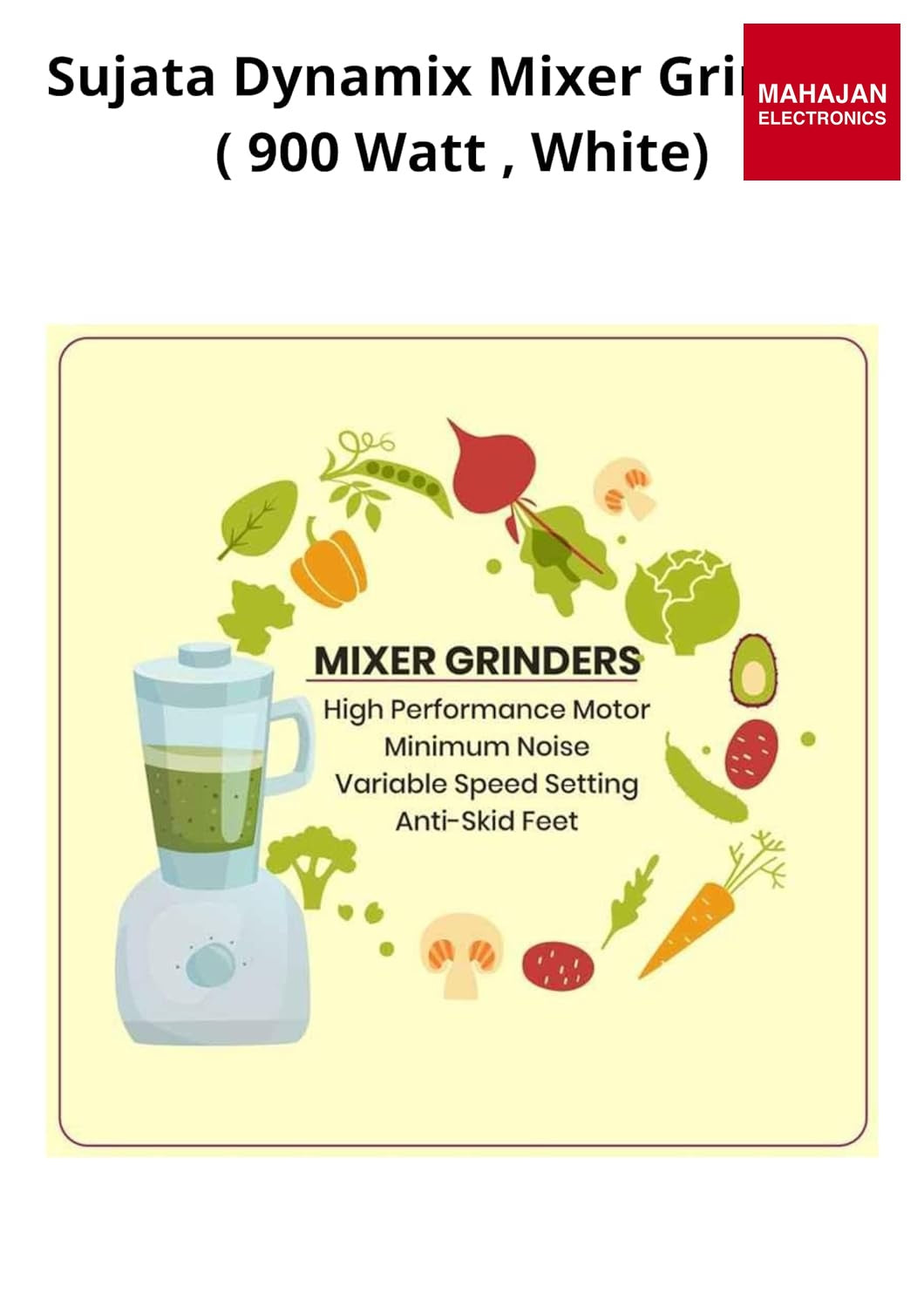 Sujata Dynamix 900-Watt Mixer Grinder | 3 Stainless Steel Jars | 22000 RPM | Wet, Dry & Chutney Grinding | Shock-Proof | White Sujata