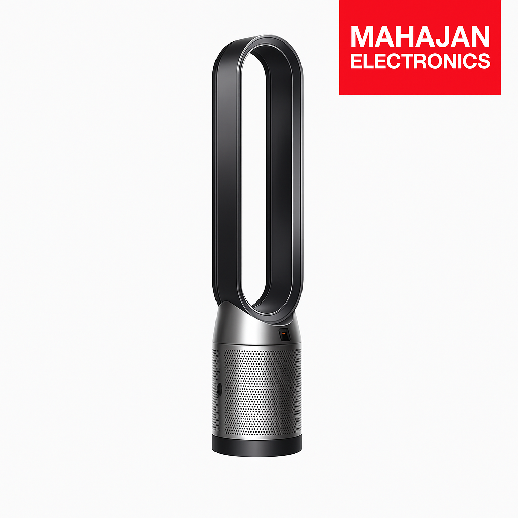 Tall cylindrical air purifier with black top and silver base on a white background, featuring Mahajan Electronics logo.