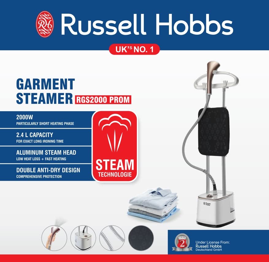 Russell Hobbs RGS 2000-Pro M Professional Garment Steamer | 2000W Power | 10 Steam Levels | 2.4L Detachable Tank | Adjustable Height & Ironing Board | Portable with Wheels | 2-Year Warranty-Online Mahajan Electronics