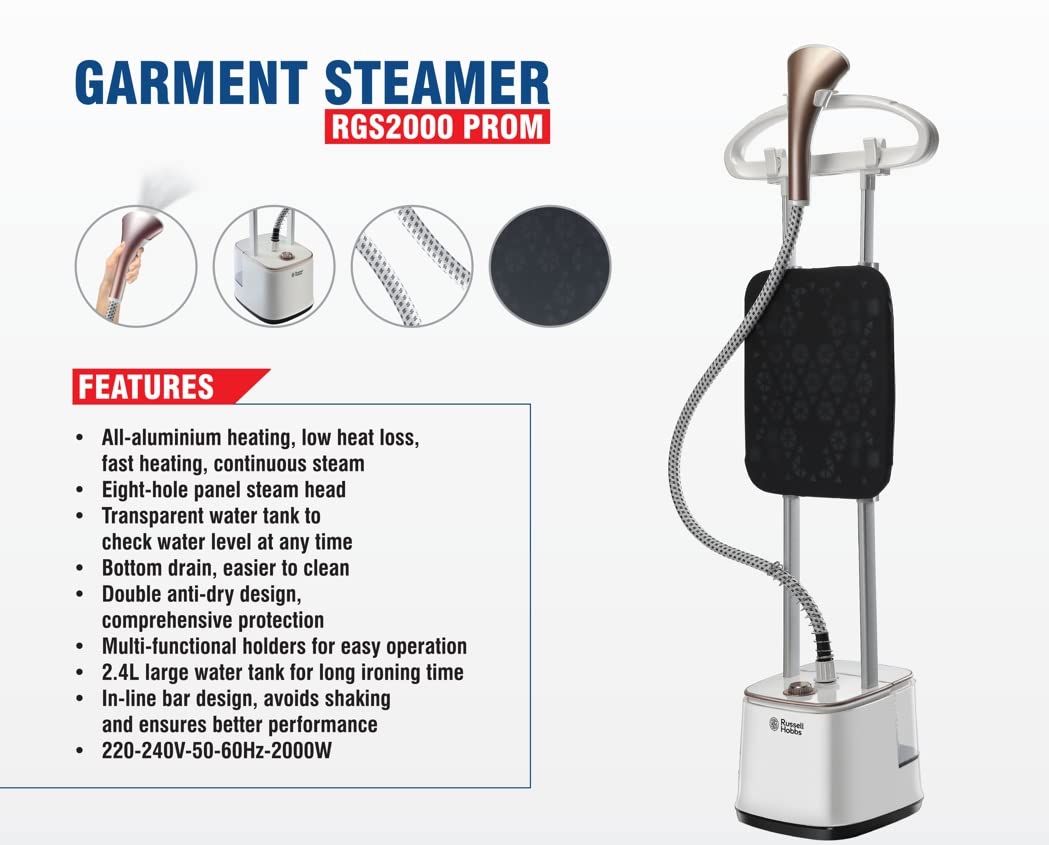 Russell Hobbs RGS 2000-Pro M Professional Garment Steamer | 2000W Power | 10 Steam Levels | 2.4L Detachable Tank | Adjustable Height & Ironing Board | Portable with Wheels | 2-Year Warranty-Online Mahajan Electronics