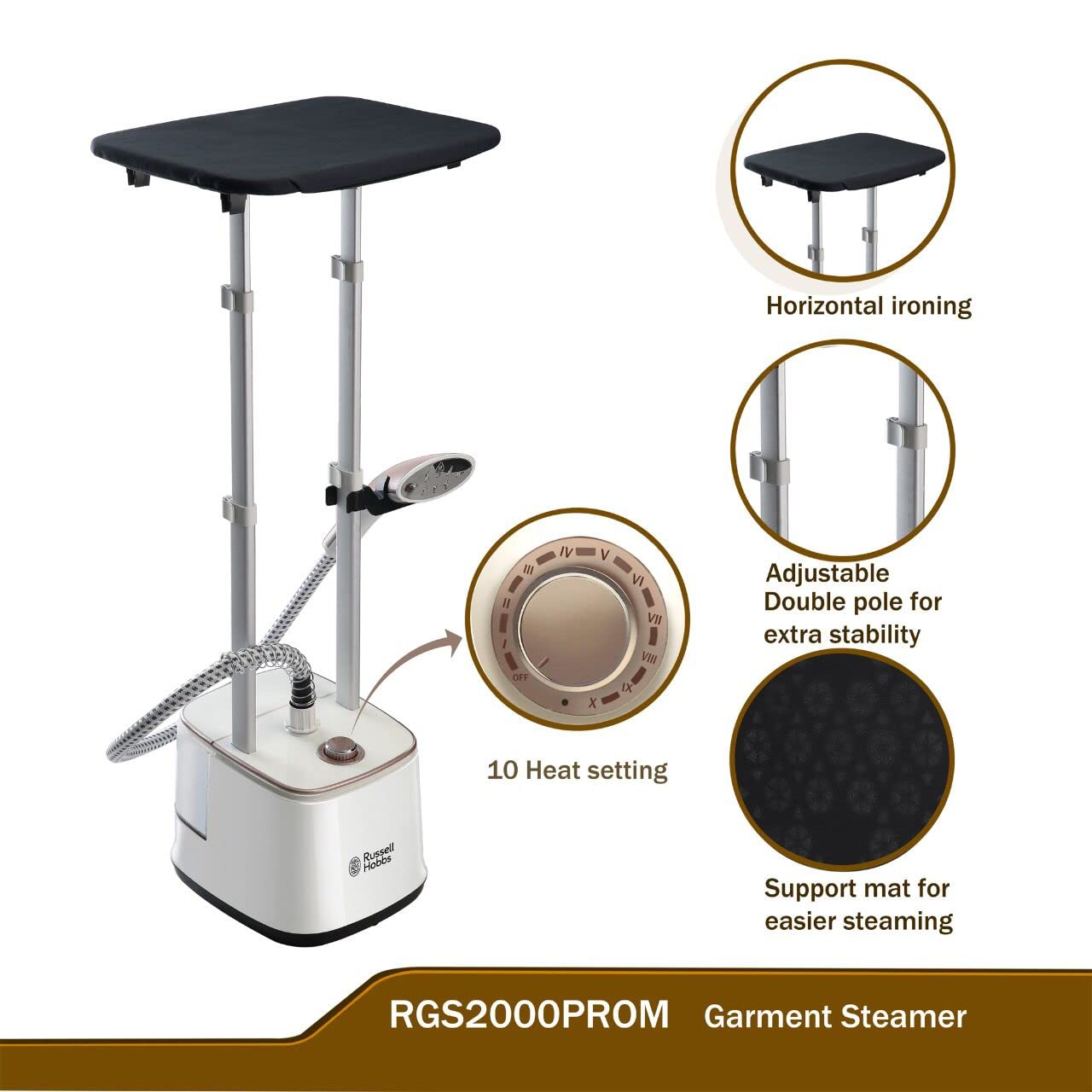 Russell Hobbs RGS 2000-Pro M Professional Garment Steamer | 2000W Power | 10 Steam Levels | 2.4L Detachable Tank | Adjustable Height & Ironing Board | Portable with Wheels | 2-Year Warranty-Online Mahajan Electronics