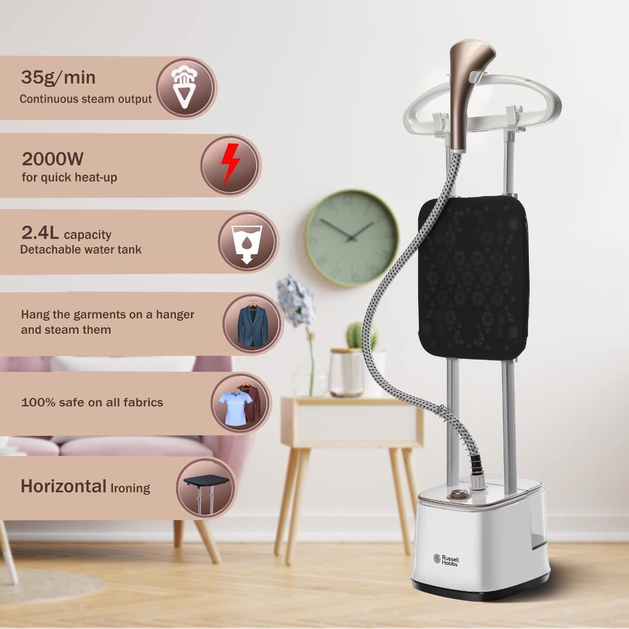 Russell Hobbs RGS 2000-Pro M Professional Garment Steamer | 2000W Power | 10 Steam Levels | 2.4L Detachable Tank | Adjustable Height & Ironing Board | Portable with Wheels | 2-Year Warranty-Online Mahajan Electronics