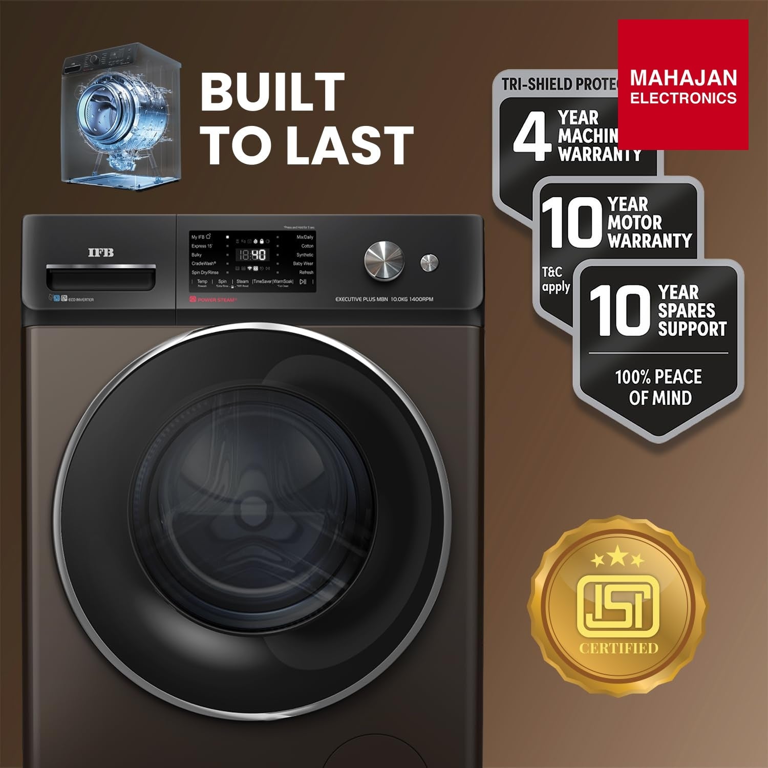 IFB EXECUTIVE PLUS MBN 1014K CMS 10 Kg 5 Star, DeepClean® Technology, AI Powered, WiFi, Fully Automatic Front Load Washing Machine (PowerSteam®,9 Swirl, Steam Refresh, Inbuilt Heater, Eco Inverter, Mocha) IFB