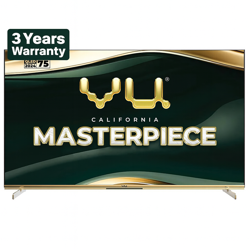 TV with 'VU' brand logo and 'California Masterpiece' text on a green background
