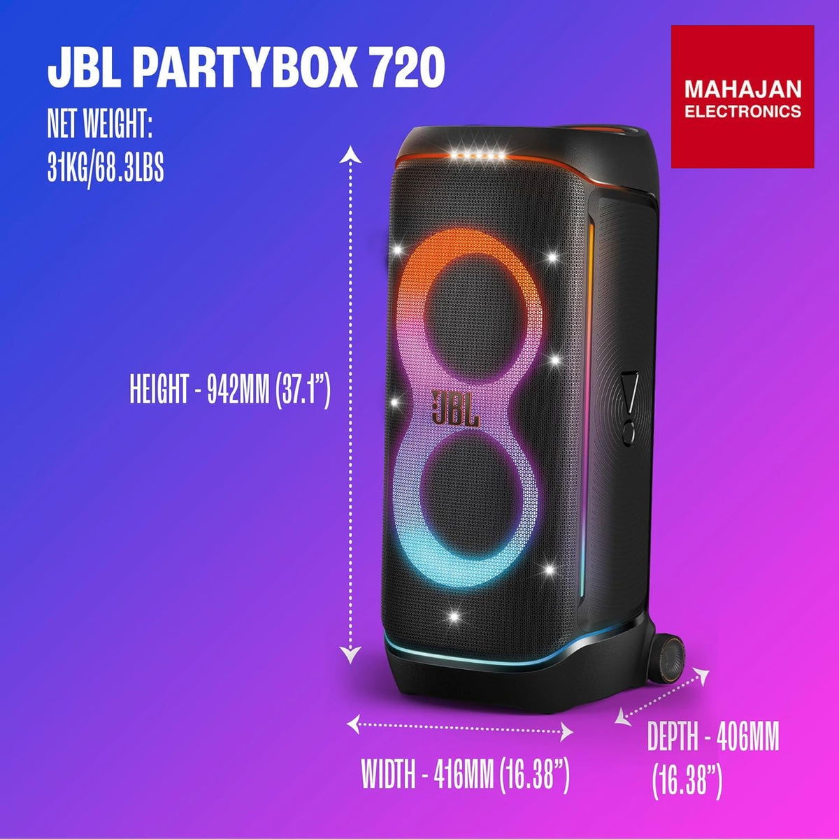 JBL PartyBox 720 - Loudest Battery-Powered Party Speaker with Superior Pro Sound and a Futuristic lightshow, – Mahajan Electronics Online.