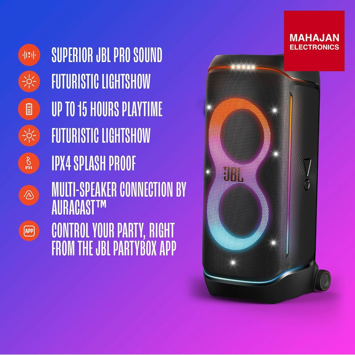 JBL PartyBox 720 - Loudest Battery-Powered Party Speaker with Superior Pro Sound and a Futuristic lightshow, – Mahajan Electronics Online.
