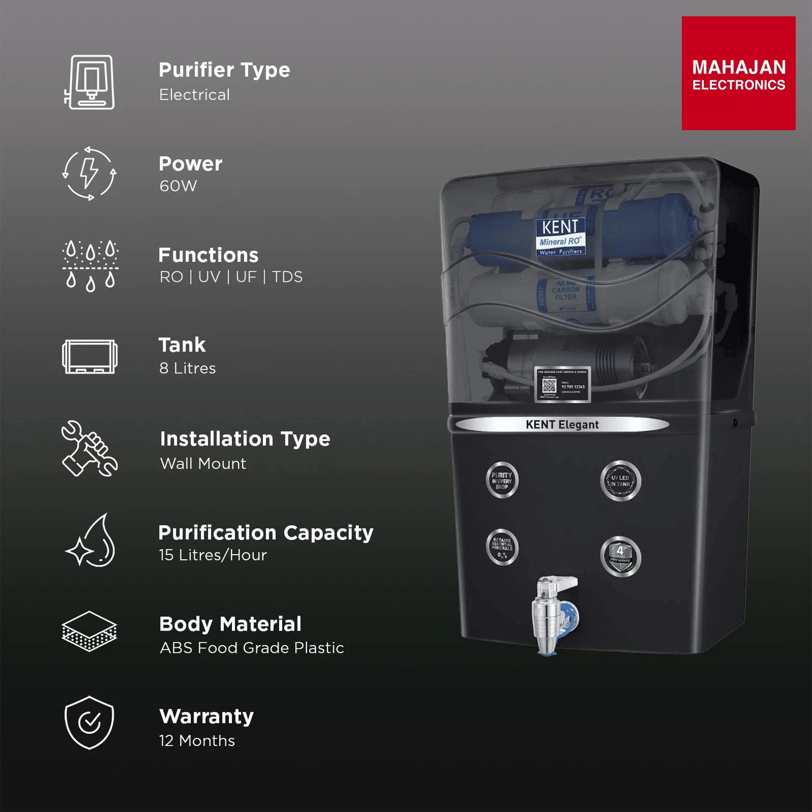 KENT ELEGANT MINERAL RO 8L, RO UV UF TDS Water Puarifier | Black-Online Mahajan Electronics