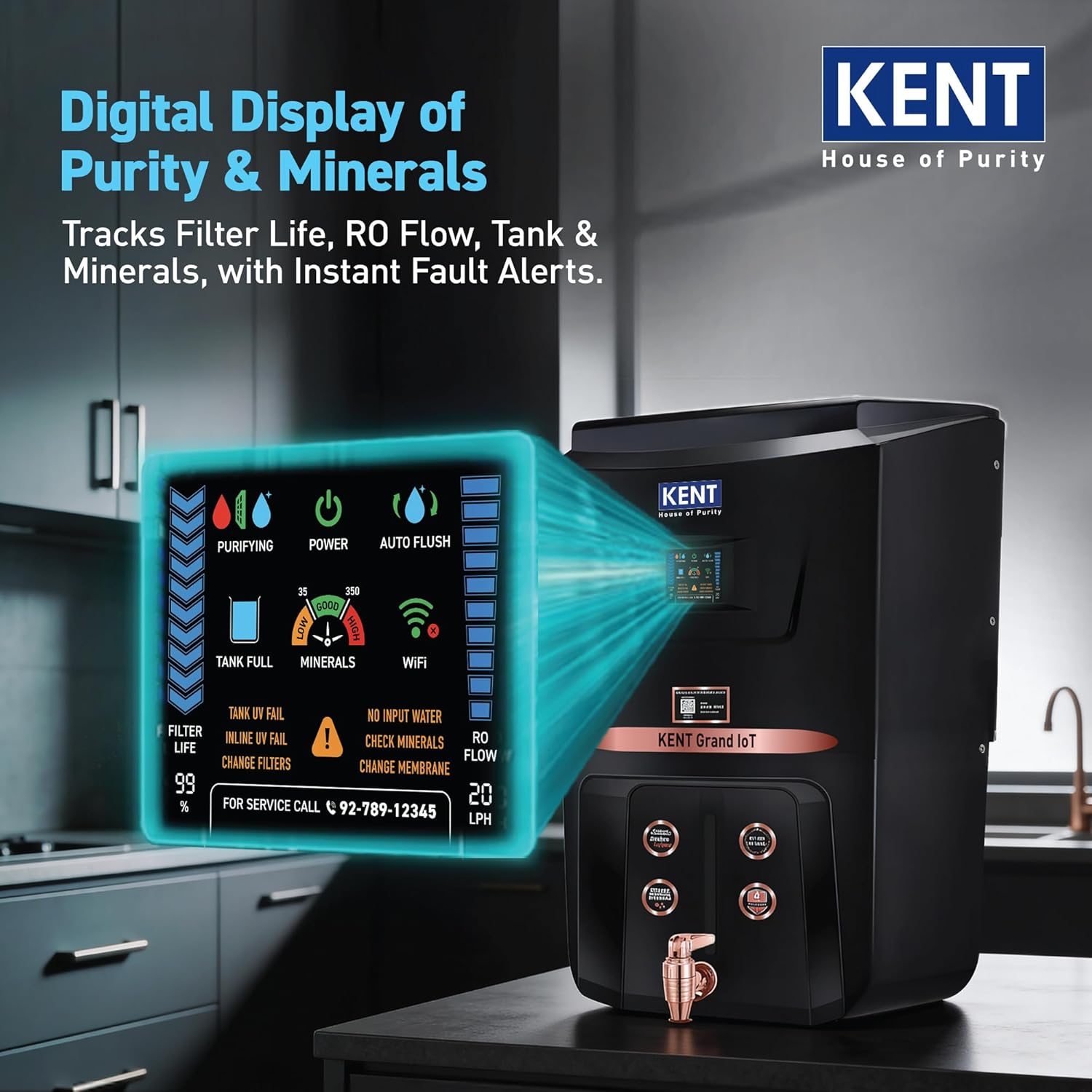 KENT Grand IoT RO Water Purifier| RO+UV+UF+Alk+Cu+TDS Control+UV in Tank | IoT Enabled | Fully Automatic On&OFF Operation |8L|20 LP/Hr|Ideal For Borewell/Tanker/Municipal Water-Online Mahajan Electronics