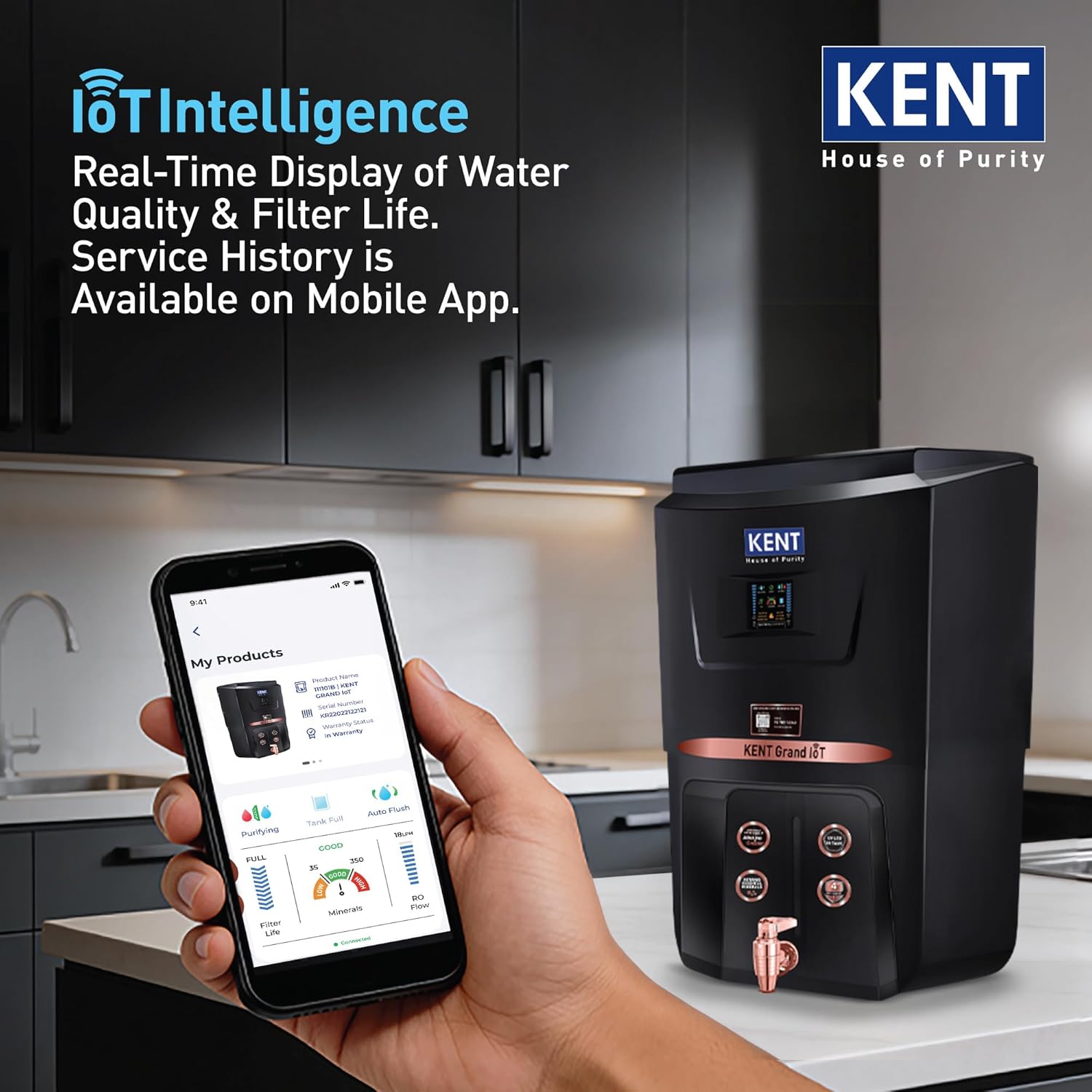 KENT Grand IoT RO Water Purifier| RO+UV+UF+Alk+Cu+TDS Control+UV in Tank | IoT Enabled | Fully Automatic On&OFF Operation |8L|20 LP/Hr|Ideal For Borewell/Tanker/Municipal Water-Online Mahajan Electronics