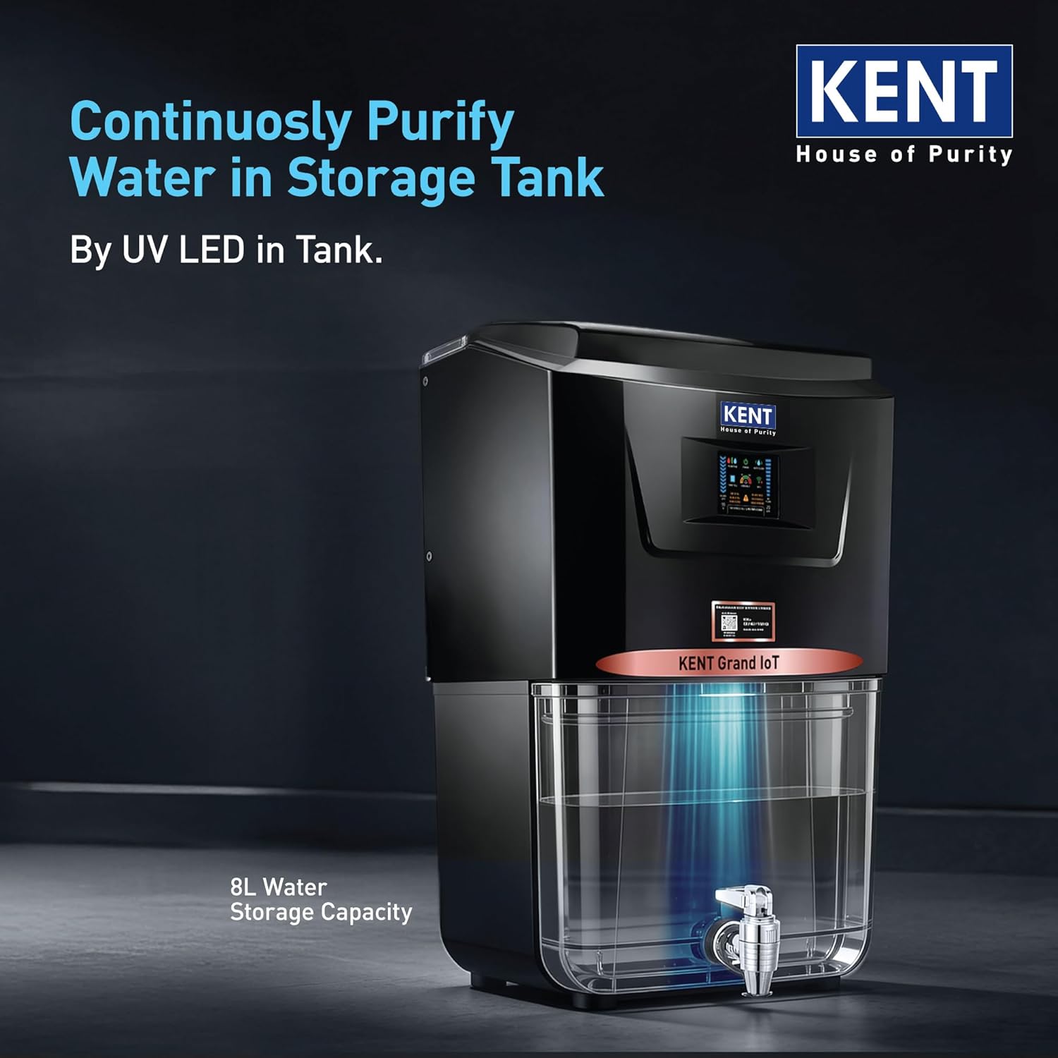 KENT Grand IoT RO Water Purifier| RO+UV+UF+Alk+Cu+TDS Control+UV in Tank | IoT Enabled | Fully Automatic On&OFF Operation |8L|20 LP/Hr|Ideal For Borewell/Tanker/Municipal Water-Online Mahajan Electronics