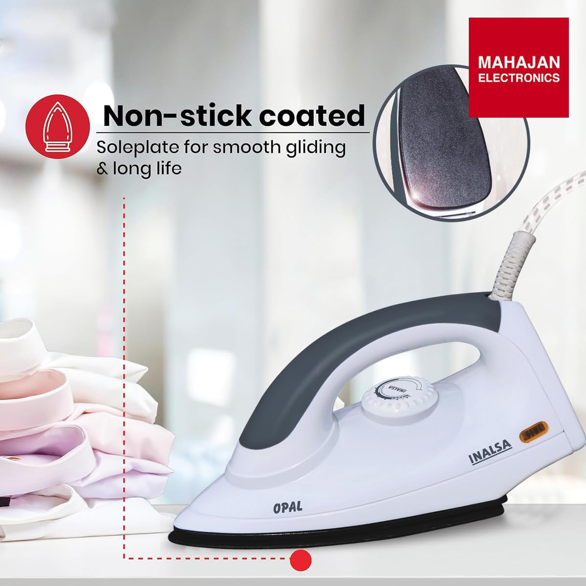 INALSA Electric Opal 1000 Watt Dry Iron For Clothes With Non-Stick Soleplate Coating|Variable Temperature – Mahajan Electronics Online.