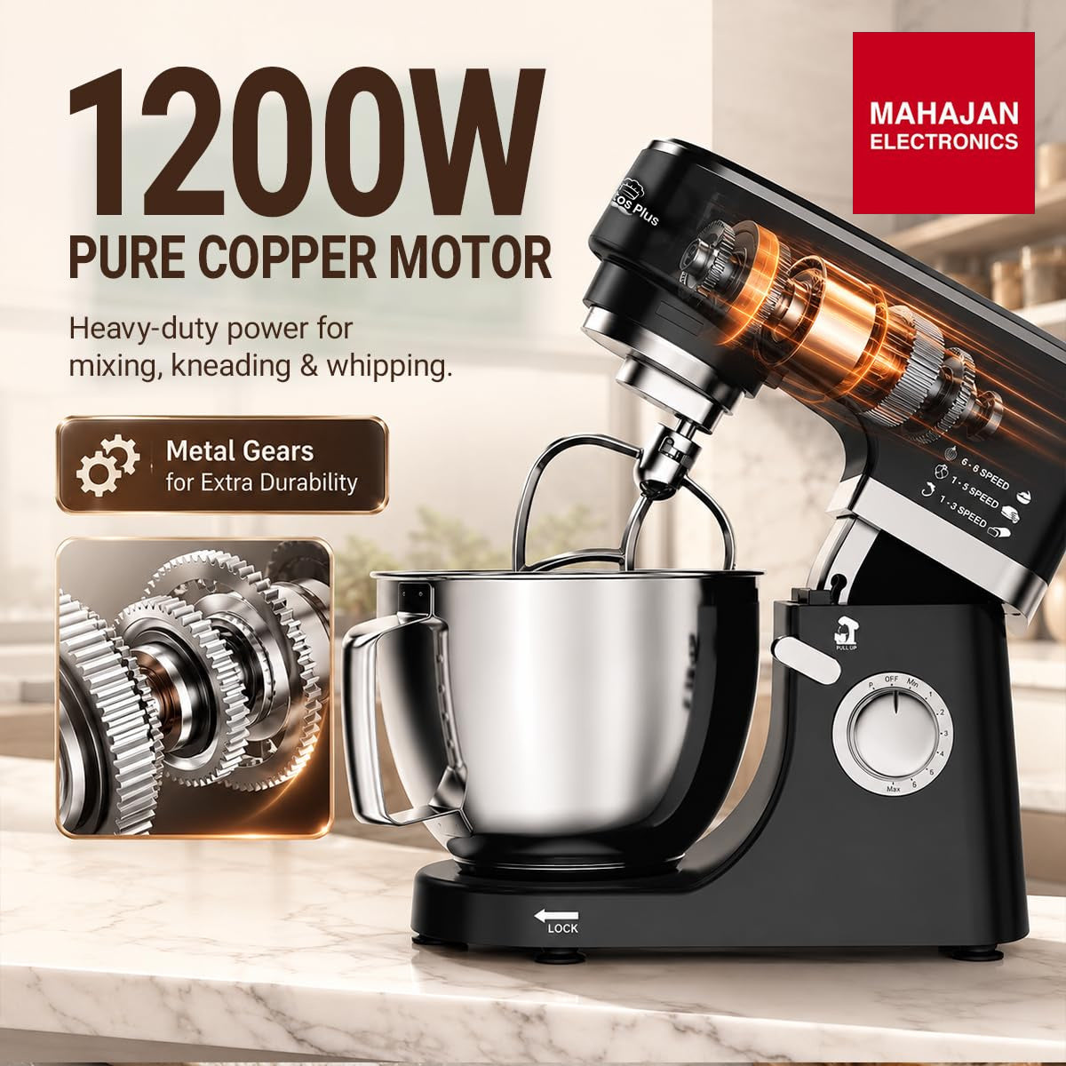 INALSA Stand Mixer 1200W|Pure Copper Motor|5.3L SS Bowl With Splash Guard|Metal Gears for Extra – Mahajan Electronics Online.