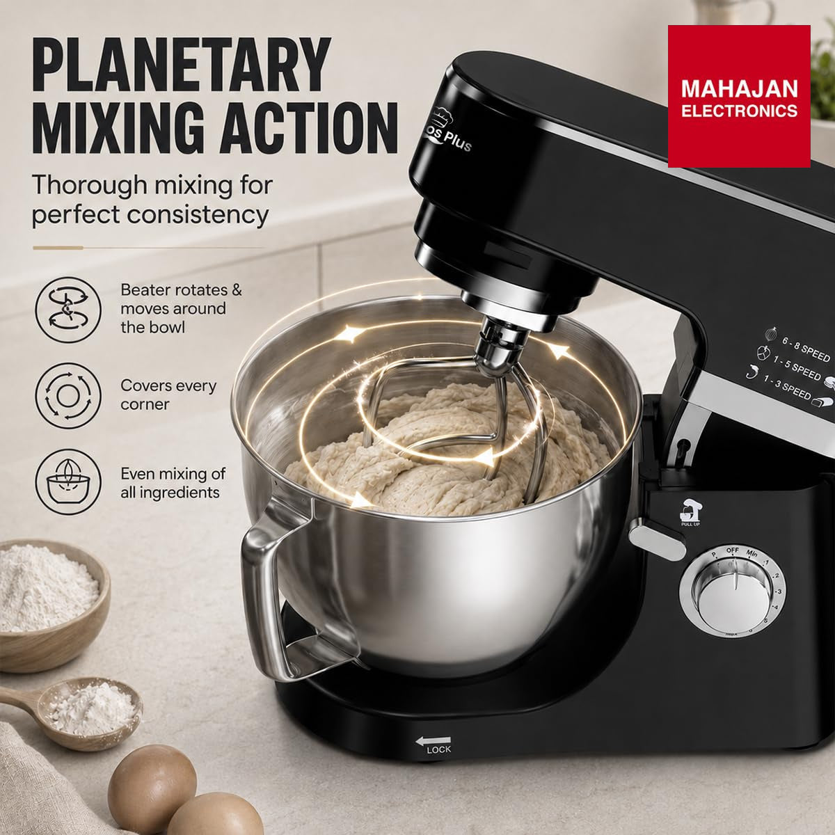 INALSA Stand Mixer 1200W|Pure Copper Motor|5.3L SS Bowl With Splash Guard|Metal Gears for Extra – Mahajan Electronics Online.