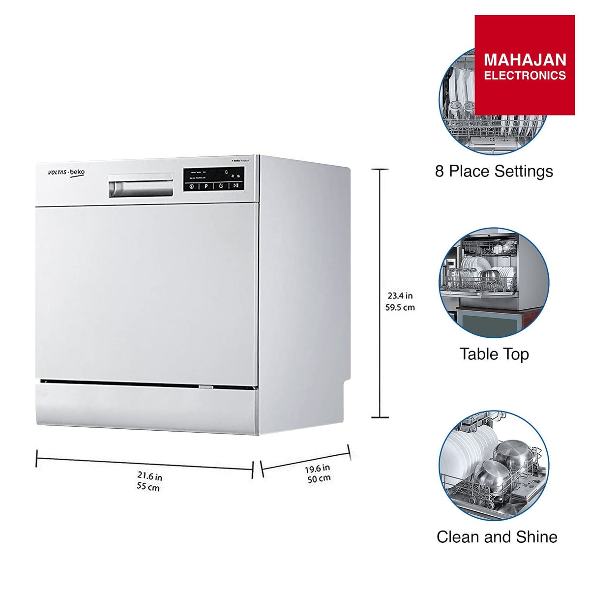 Voltas Beko DT8S 8 Place Settings Table Top Dishwasher (Silver) | Inbuilt Heater | 6 Wash Programs | Mahajan Electronics Delhi NCR Voltas Beko