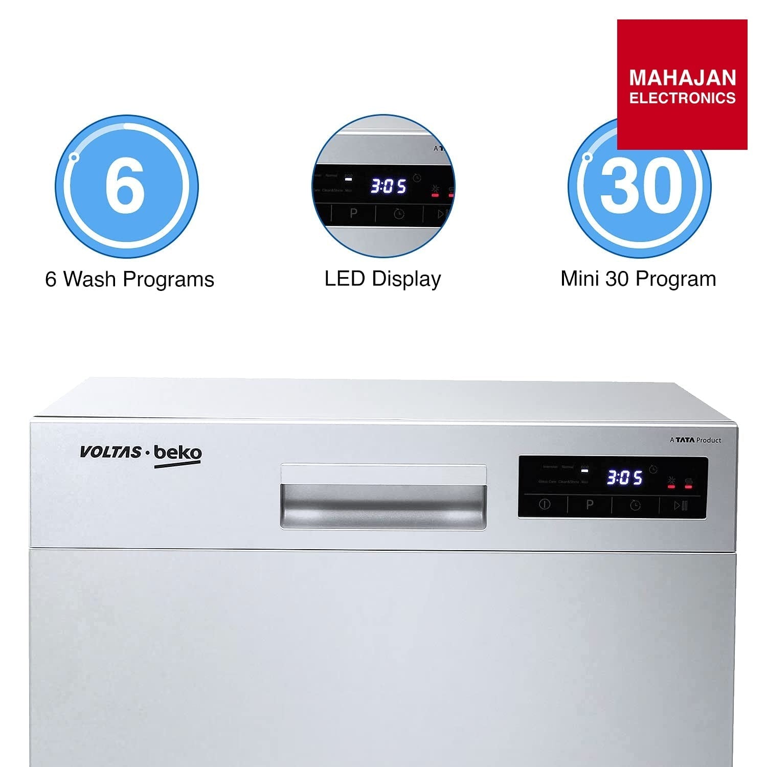Voltas Beko DT8S 8 Place Settings Table Top Dishwasher (Silver) | Inbuilt Heater | 6 Wash Programs | Mahajan Electronics Delhi NCR Voltas Beko