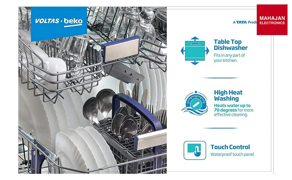 Voltas Beko DT8S 8 Place Settings Table Top Dishwasher (Silver) | Inbuilt Heater | 6 Wash Programs | Mahajan Electronics Delhi NCR Voltas Beko