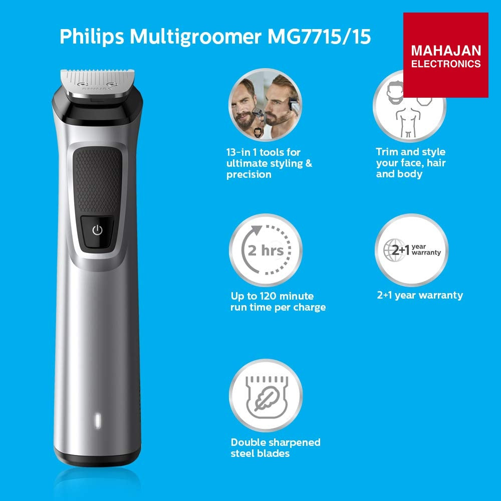 Philips MG7715/15 Multigroom Series 7000 13-in-1 Trimmer | DualCut Blades | 120 Min Runtime | Mahajan Electronics Delhi NCR Philips