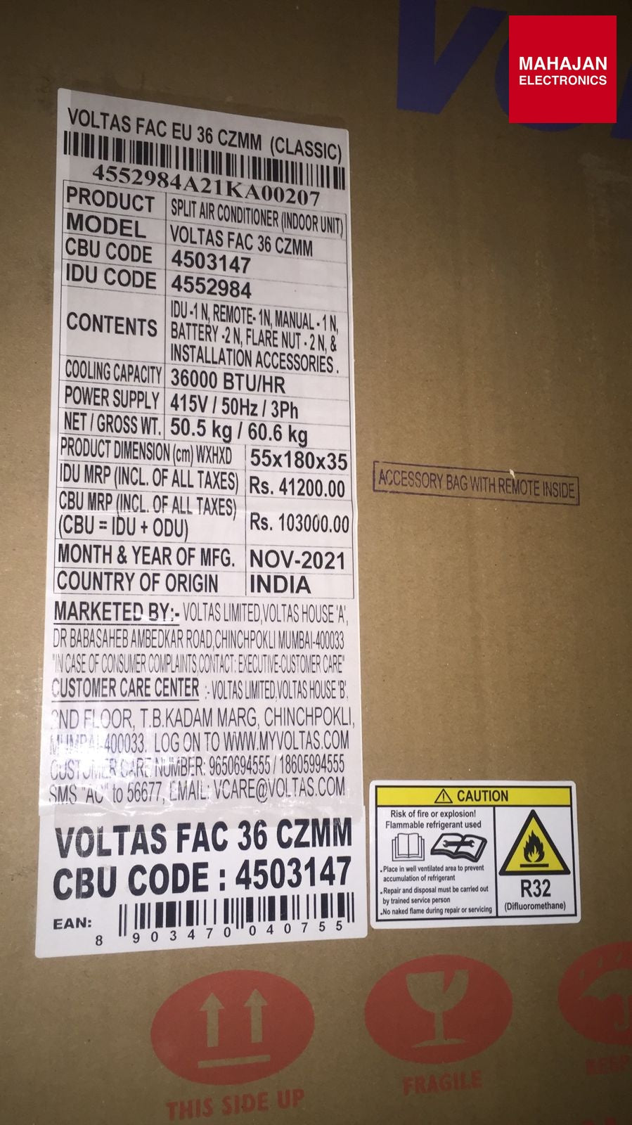 Voltas CAS 36 CZMM 3 Ton Cassette AC Voltas