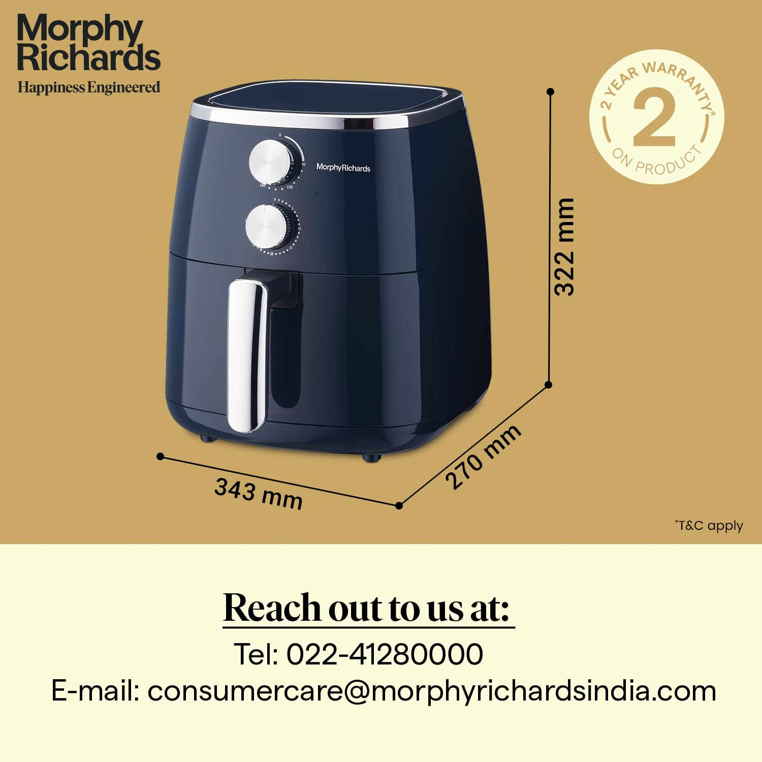Morphy Richards 5 Litre Classic Crisp Pro Air Fryer|Easy Knob Control|Adjustable Time & Temperature Control|Voltage Fluctuation Protection|Non-stick Coated Basket|2 Year Product Warranty|Blue|1500W Morphy Richards