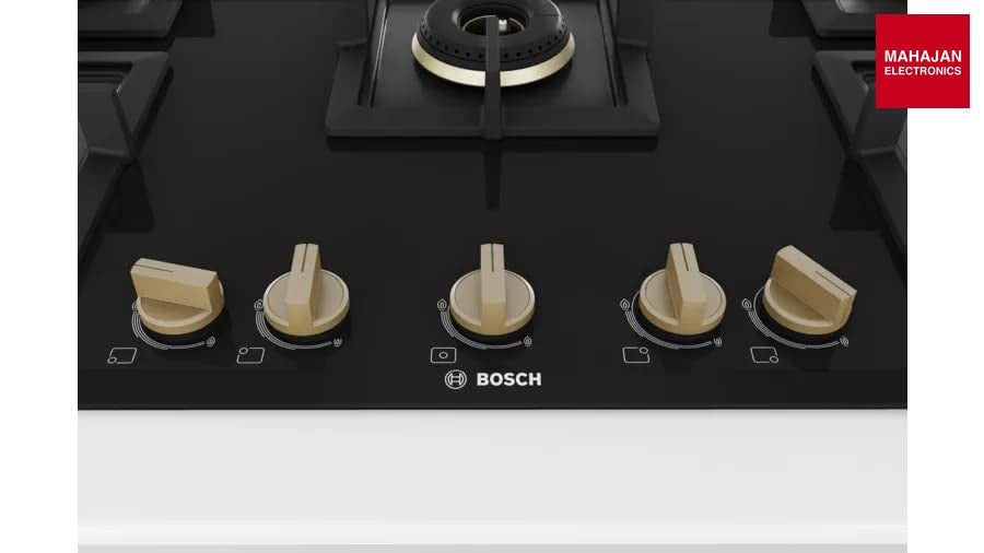 Bosch PNV9B6G20I Built in Gas Hob Black Tempered glass Glass 5 Burner Auto Ignition 90 cm Full Brass 3D Ring Burners with Matt Black Heat Shields & Cast Iron pan supports - Mahajan Electronics Online