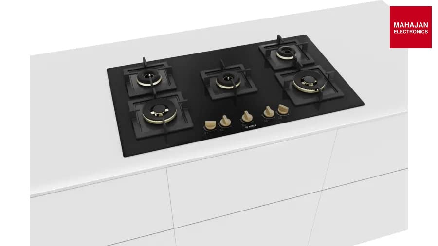 Bosch PNV9B6G20I Built in Gas Hob Black Tempered glass Glass 5 Burner Auto Ignition 90 cm Full Brass 3D Ring Burners with Matt Black Heat Shields & Cast Iron pan supports - Mahajan Electronics Online