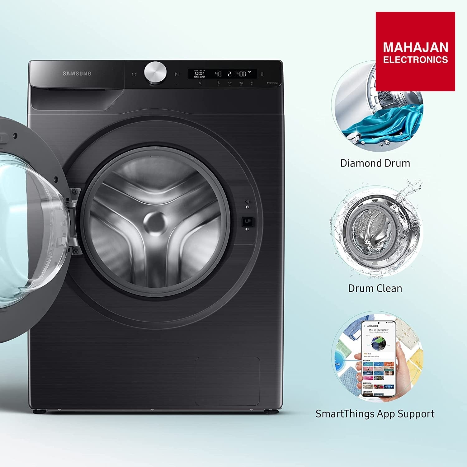 Samsung 12 Kg 5 Star Wi-Fi Inverter Fully-Automatic Front Loading Washing Machine (WW12T504DAB/TL, Black Caviar, In-Built Heater) - Mahajan Electronics Online