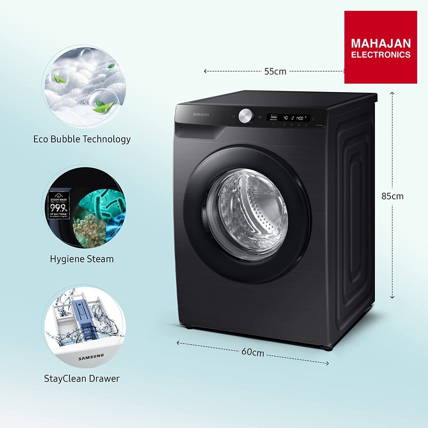 Samsung 12 Kg 5 Star Wi-Fi Inverter Fully-Automatic Front Loading Washing Machine (WW12T504DAB/TL, Black Caviar, In-Built Heater) - Mahajan Electronics Online