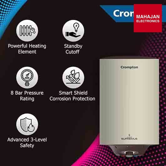 Crompton Arno Supremus 25-L 5 Star Rated Storage Water Heater (Geyser) With Advance 3 Level Safety (White), Wall Mounting - Mahajan Electronics Online