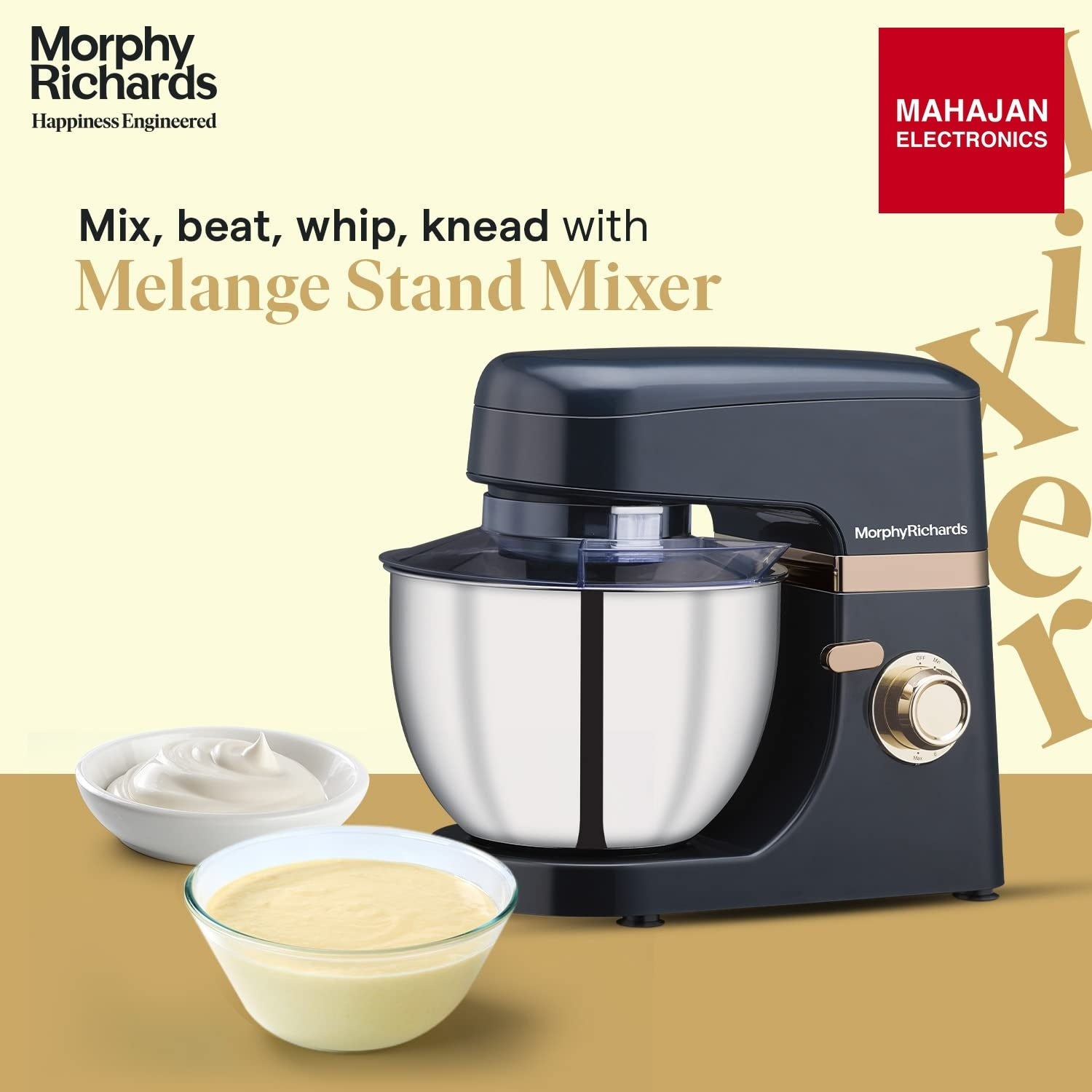 Morphy Richards Melange 800W Stand Mixer |Mixing, Beating, Kneading, Whisking| 8-Speed Level|Attachments-Dough Hook, Whisk, Mixing beater|Navy Blue - Mahajan Electronics Online